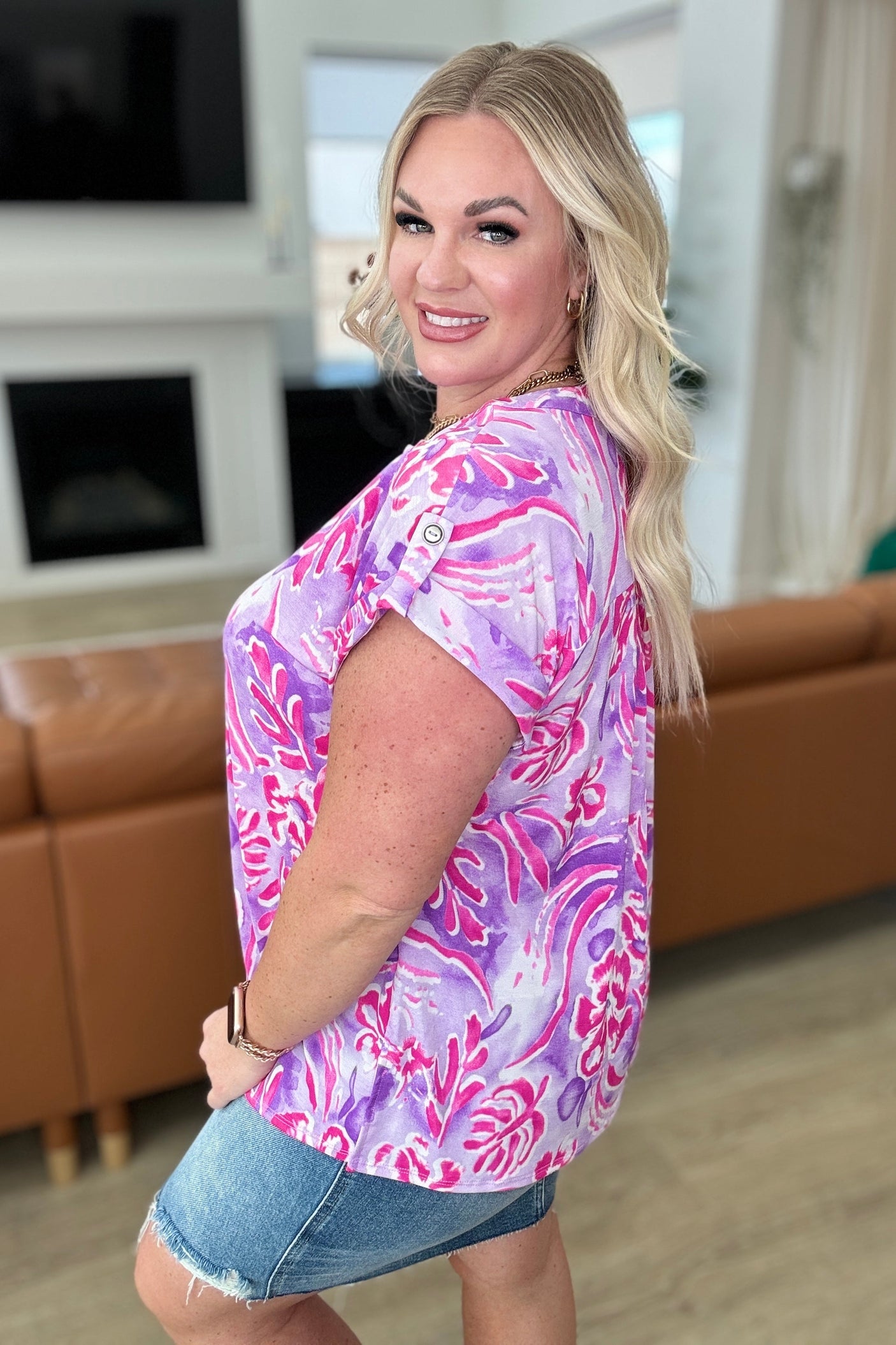 Lizzy Cap Sleeve Top in Purple and Hot Pink Watercolor - Liarian Unlimited Boutique