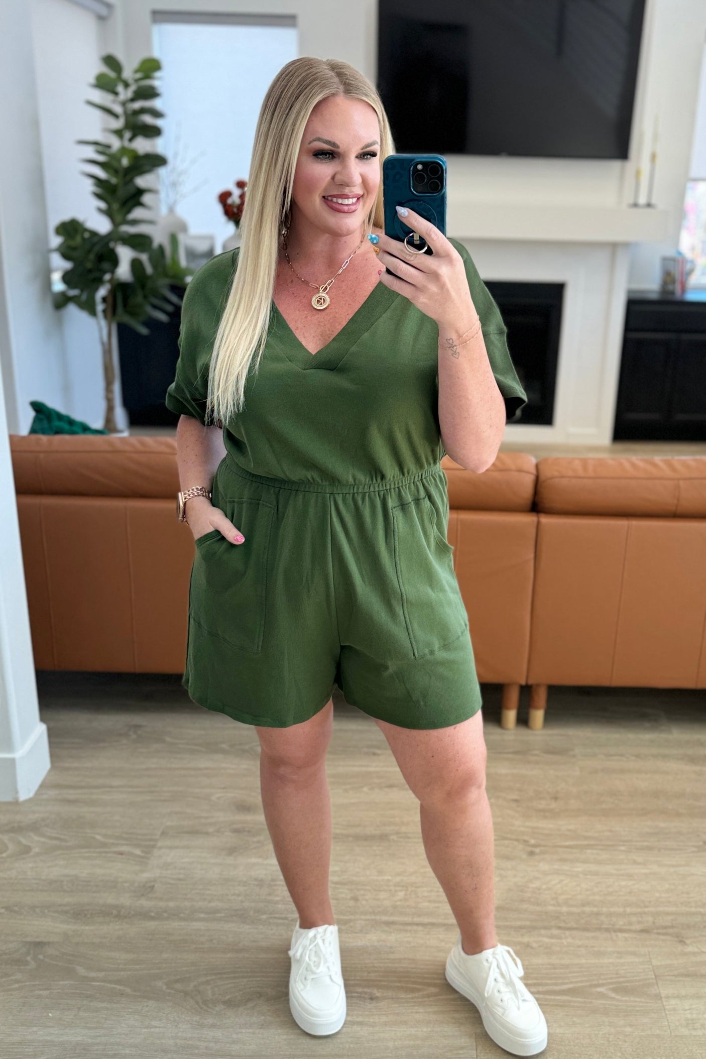Short Sleeve V-Neck Romper in Army Green - Liarian Unlimited Boutique