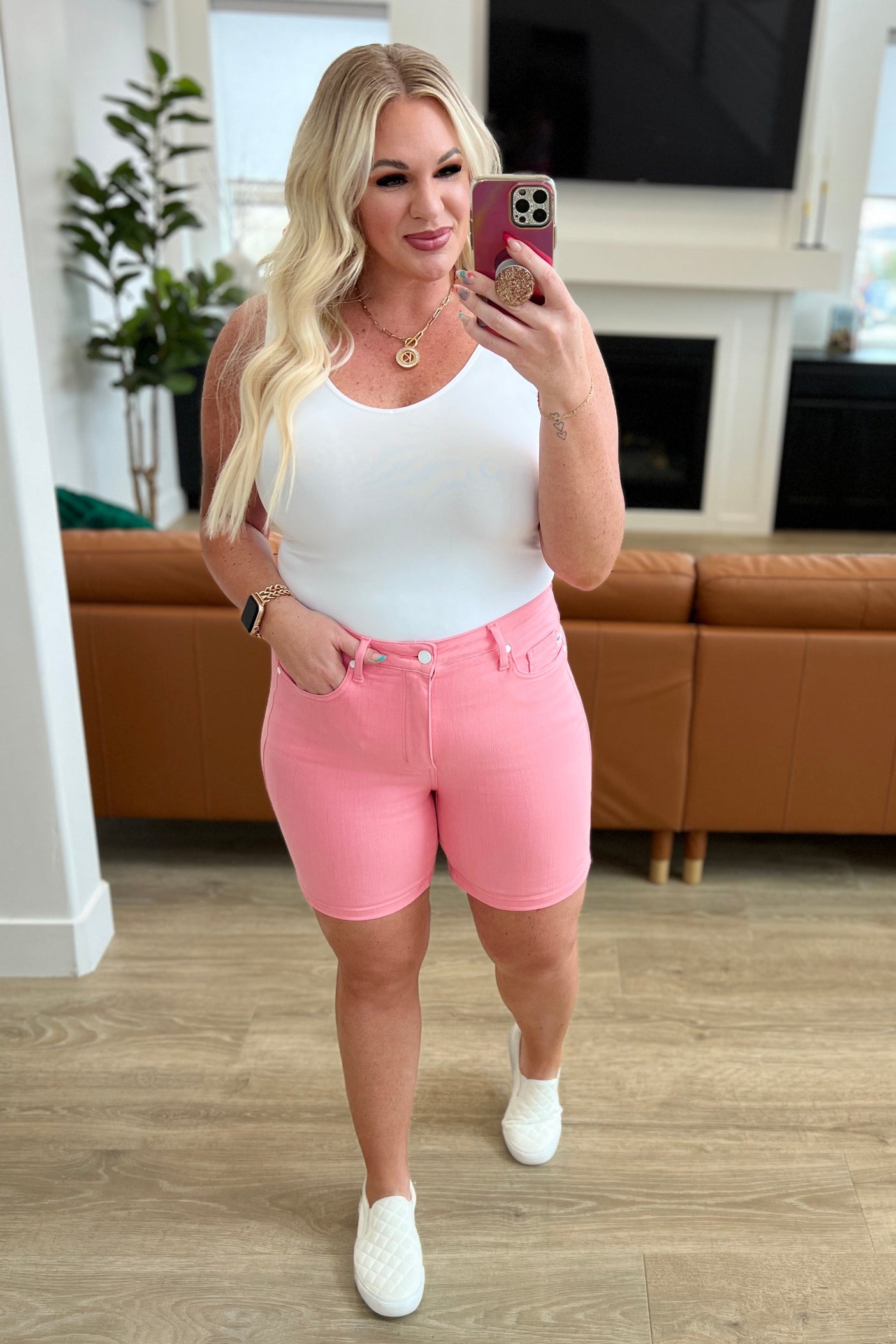 Jenna High Rise Control Top Cuffed Shorts in Pink - Liarian Unlimited Boutique