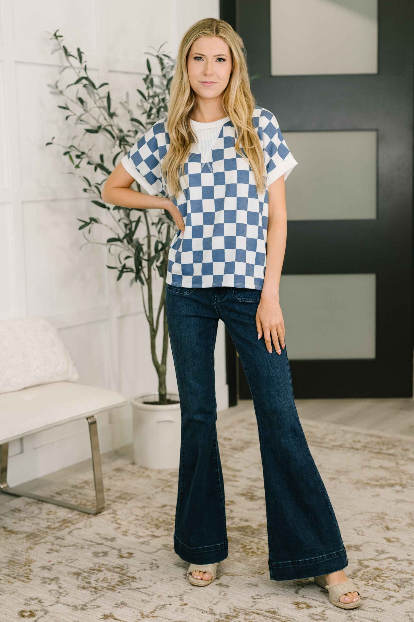 I've Been Everywhere Crew Neck Checkered Top in Blue