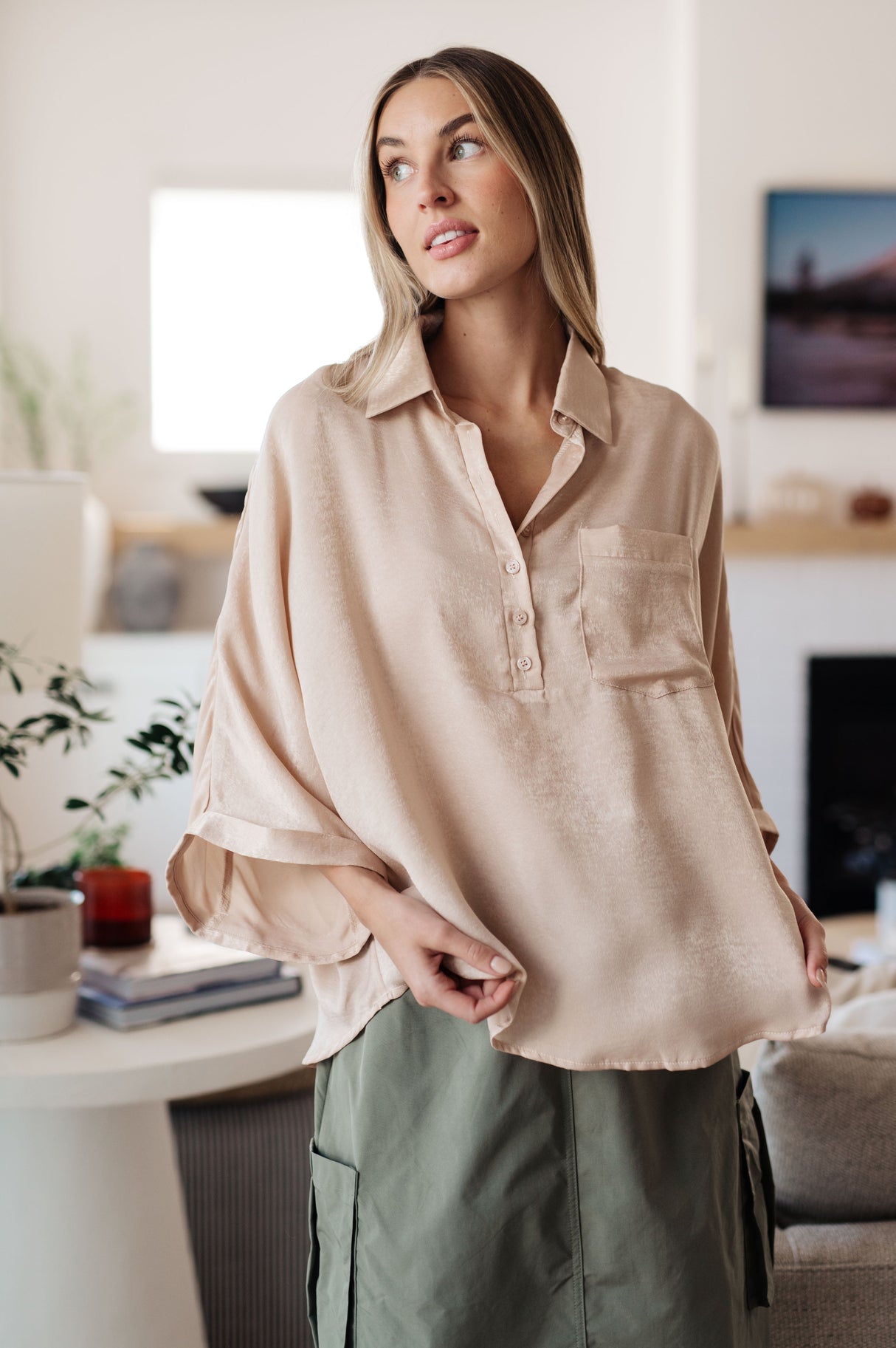 Top oversize de manga dolman "In Your Thoughts" en color champán