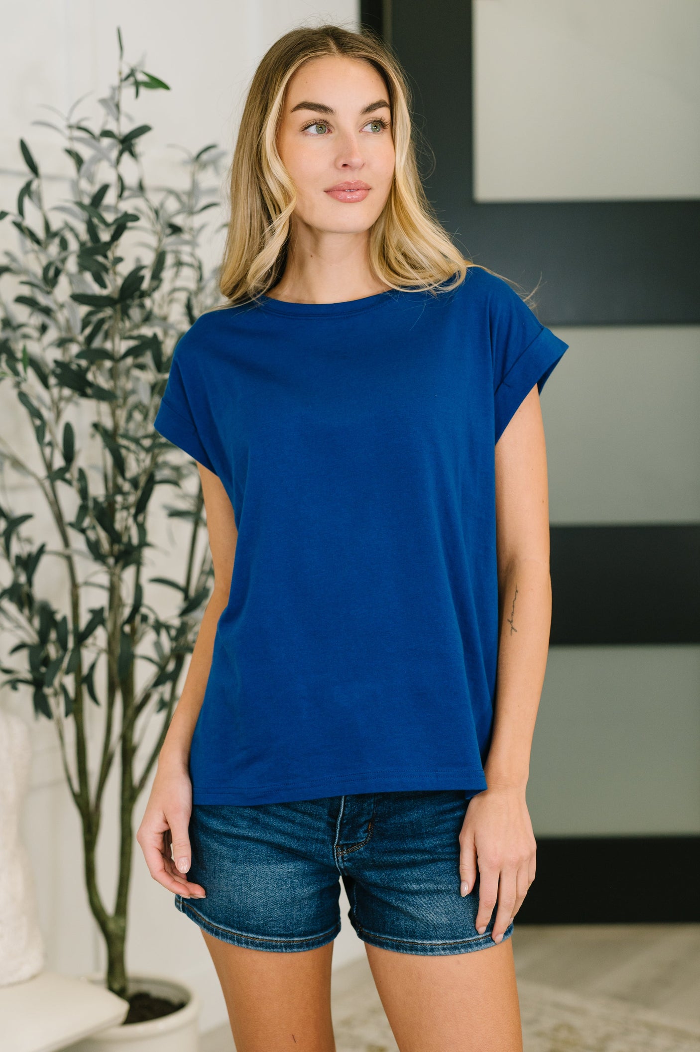 It Starts Here Basic Rolled Sleeve Tee in Lt Navy