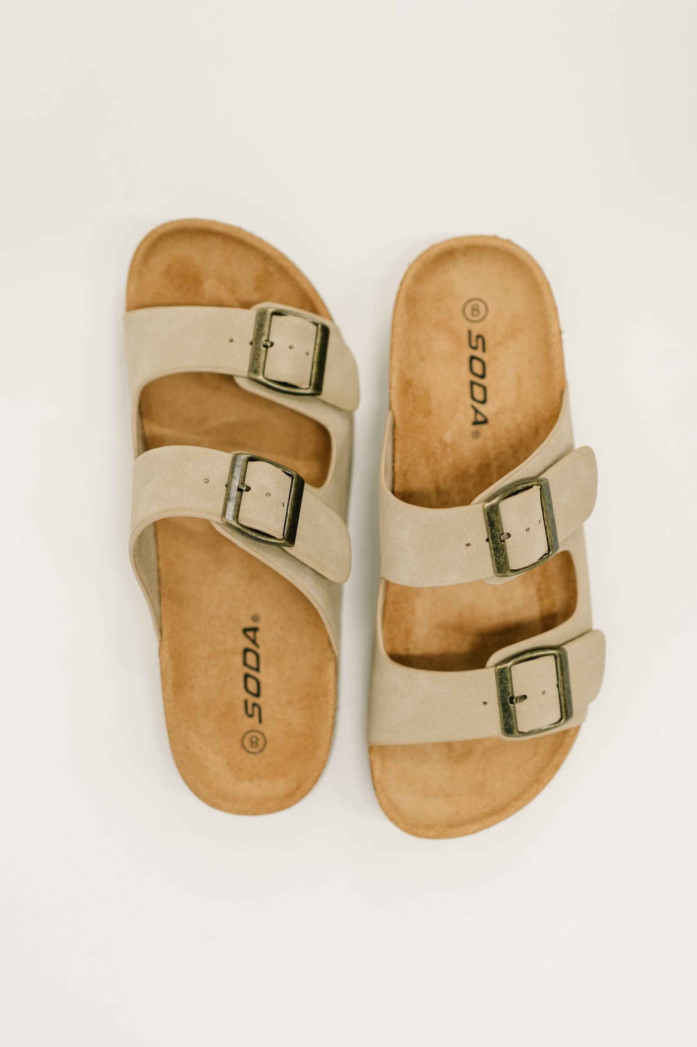 Jete Nubuck Double Buckle Slides in Light Taupe