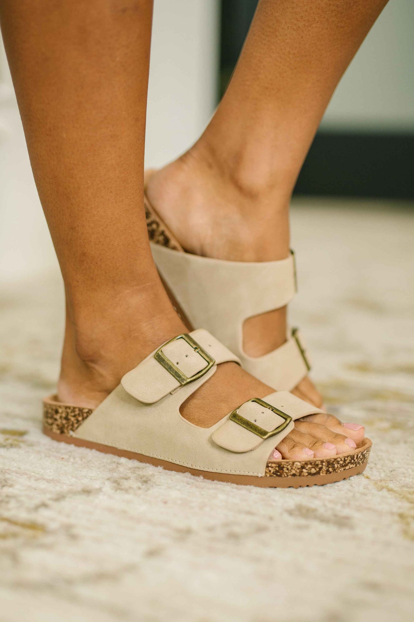 Jete Nubuck Double Buckle Slides in Light Taupe