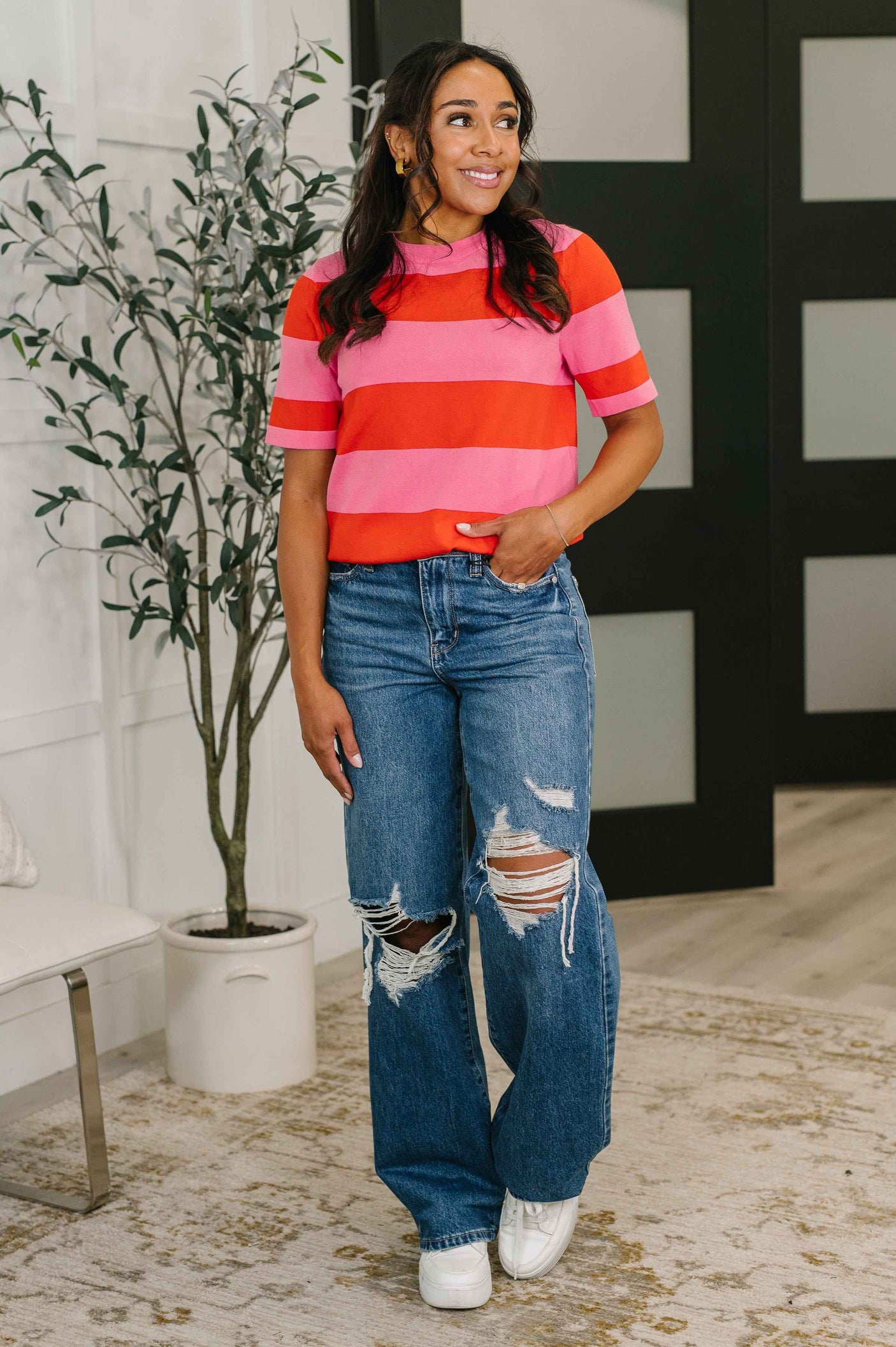 Known for a While Knit Blouse in Pink and Red