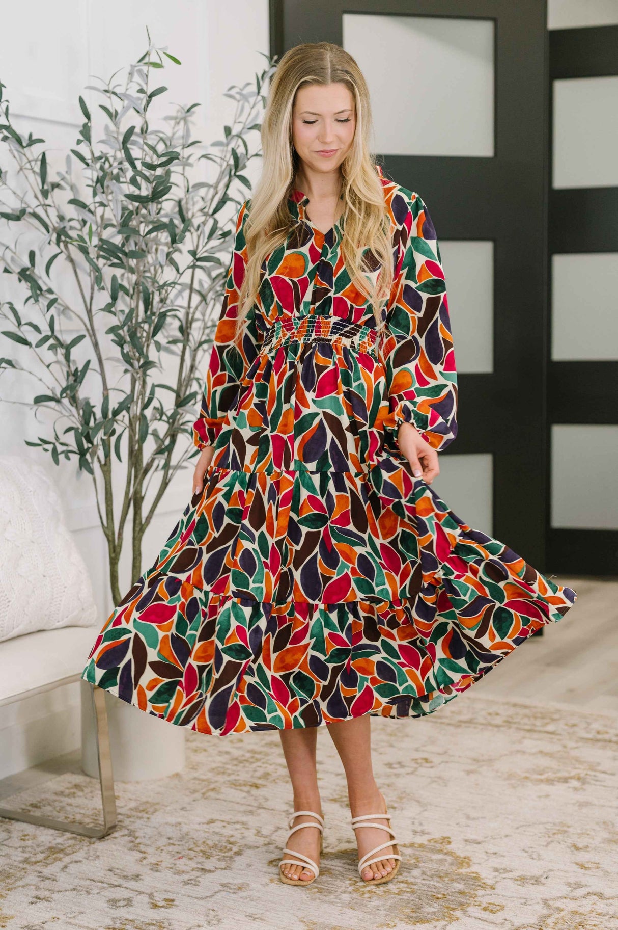 Leafing it All Behind Long Sleeve Tiered Dress