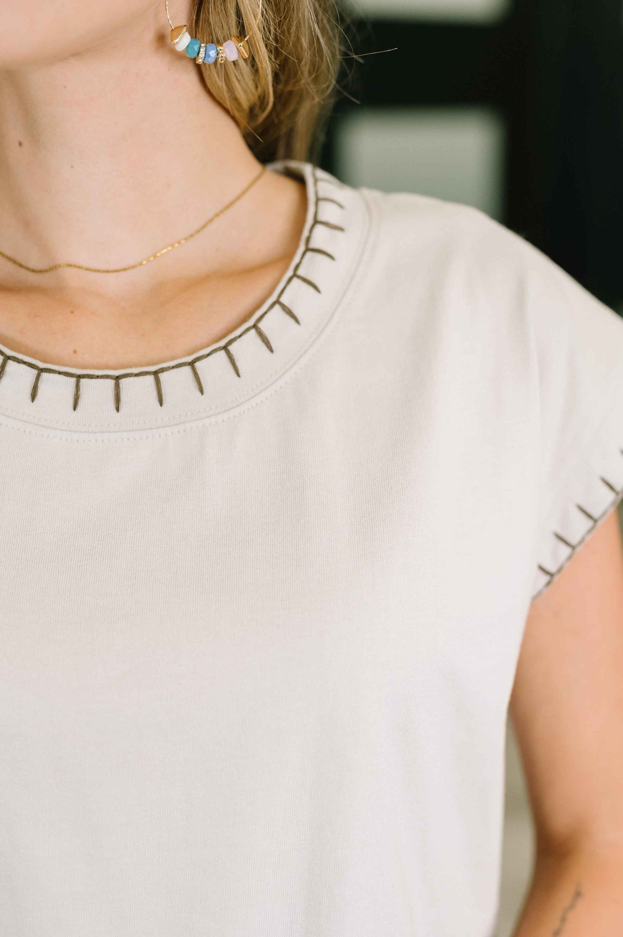 Little Details Trim Detail Top in Sand Beige