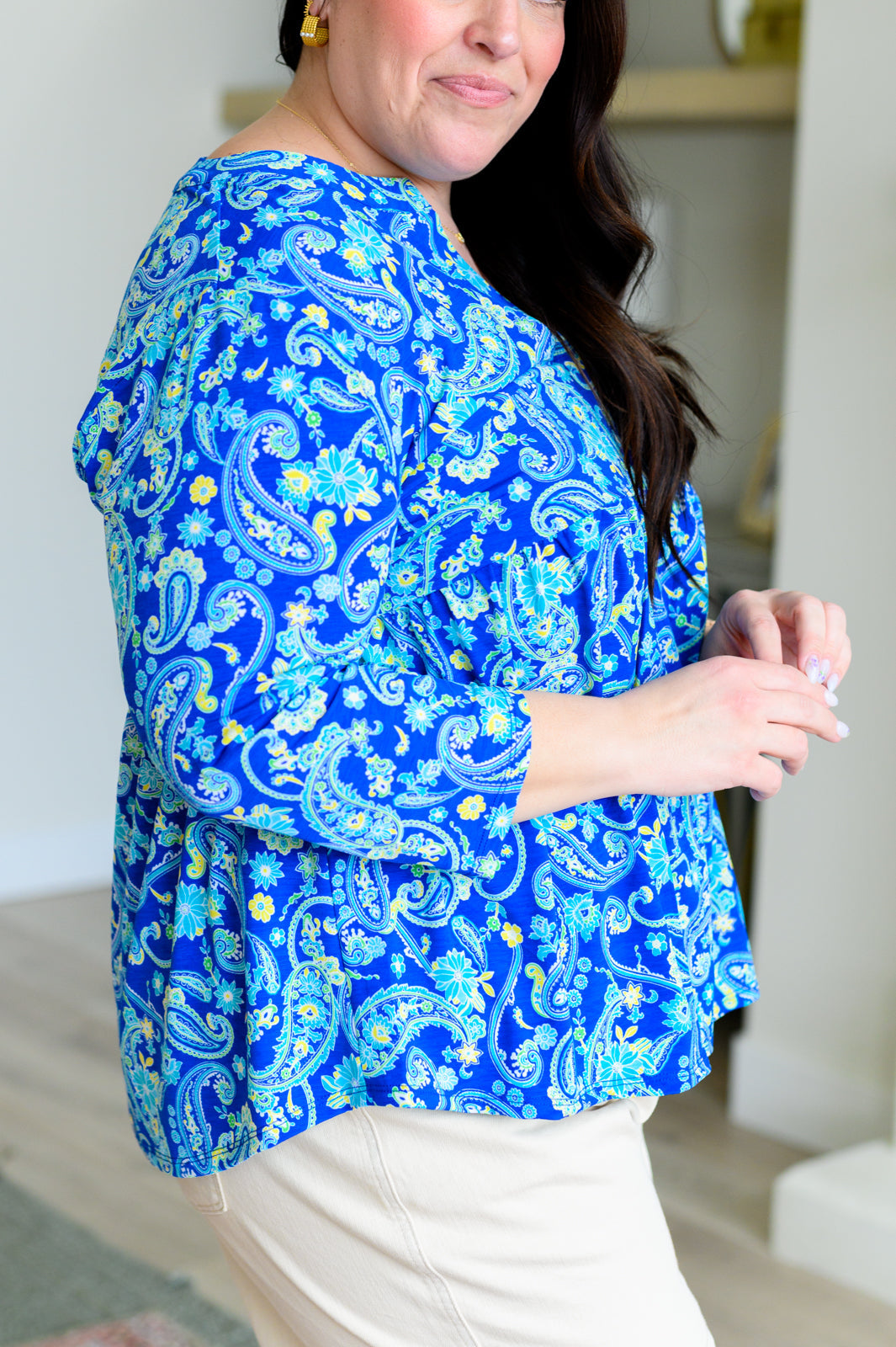 Lizzy Babydoll Top in Royal and Mint Paisley - Liarian Unlimited Boutique