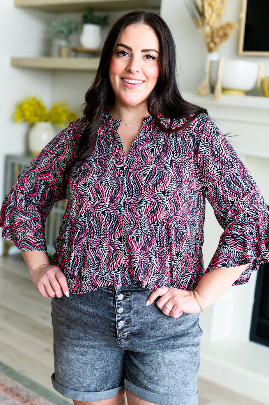 Blusa con mangas acampanadas Lizzy en cuerda negra y rosa