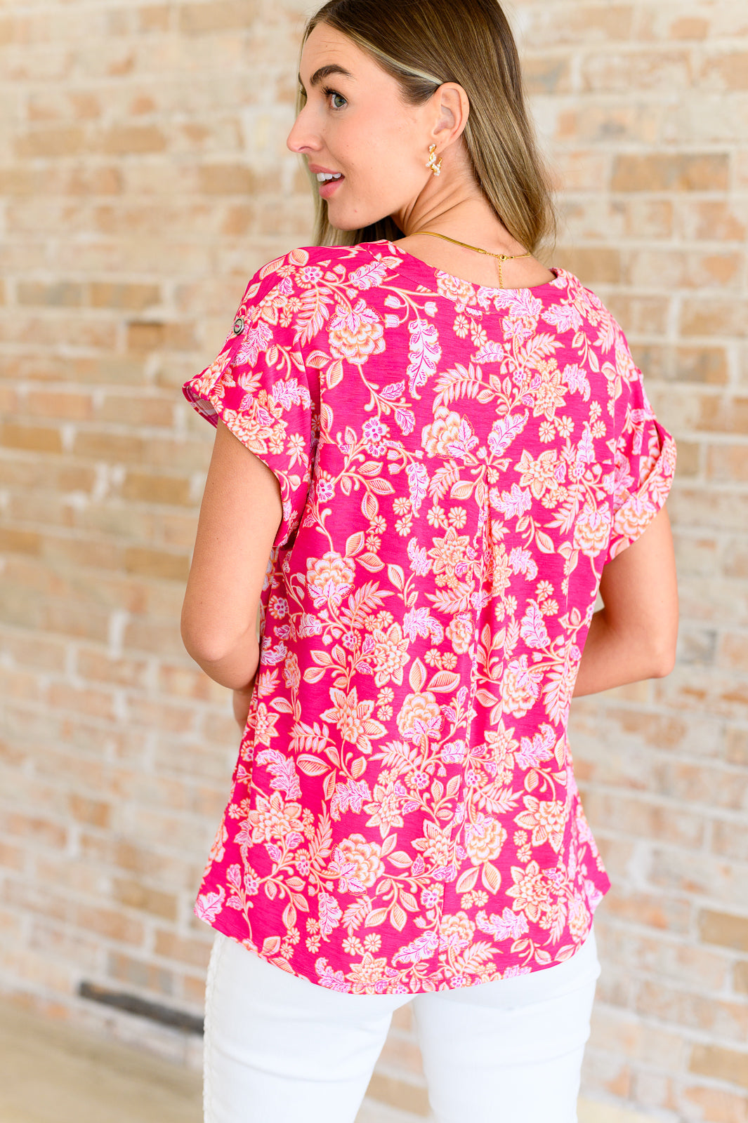 Blusa de manga corta Lizzy con estampado floral rosa y melocotón
