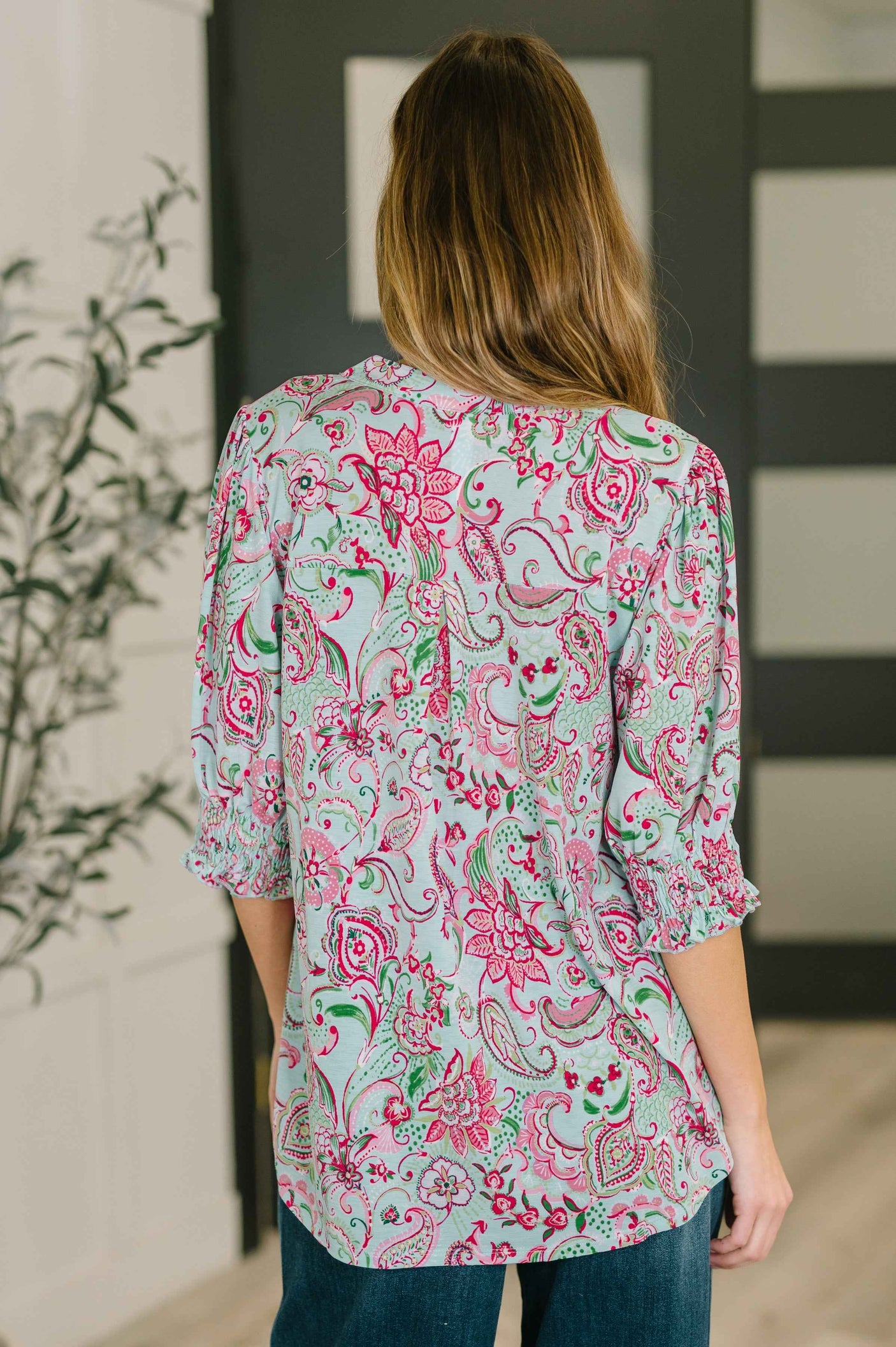 Lizzy Smock Top in Mint and Pink Floral Paisley