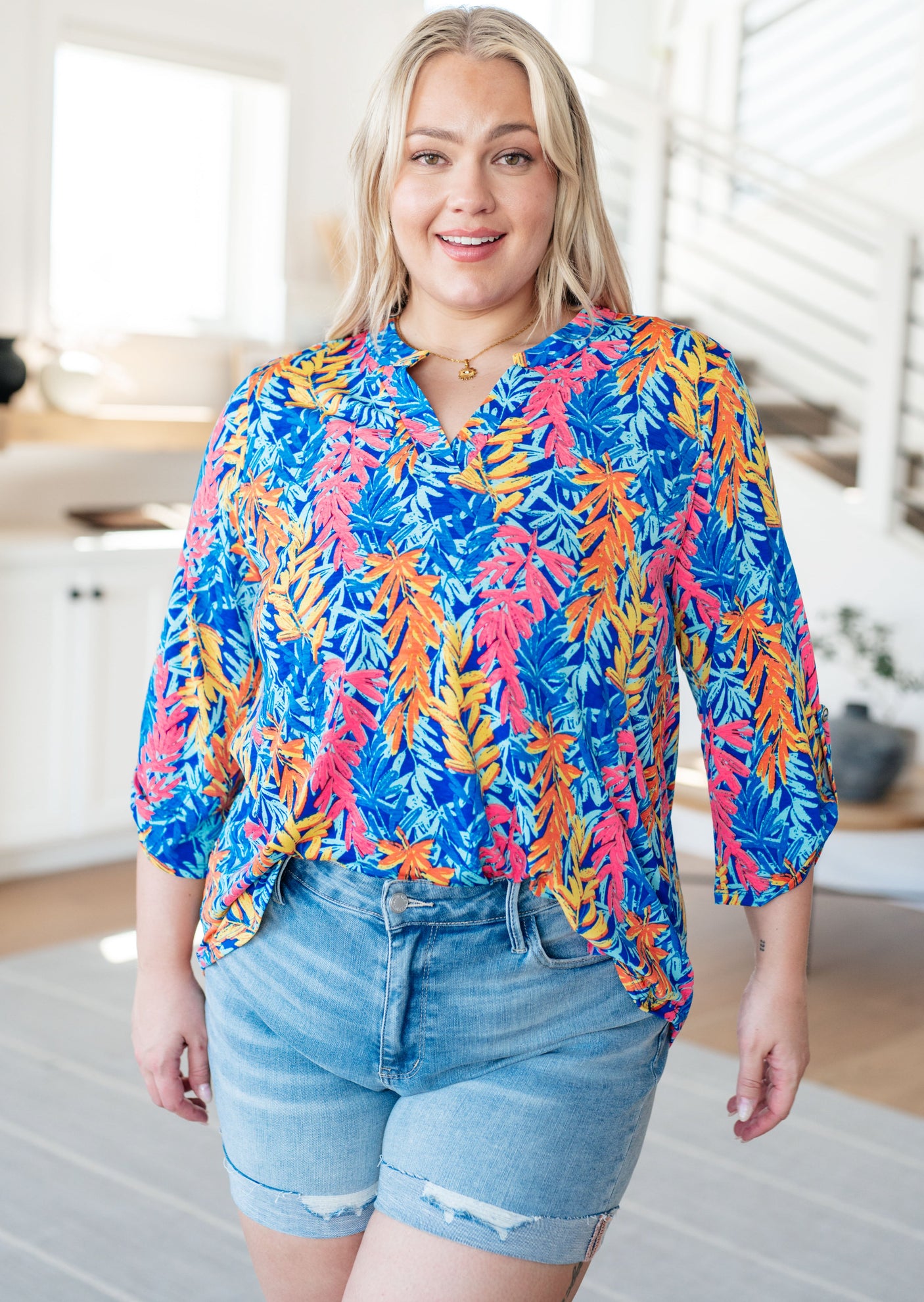 Lizzy Top in Blue and Pink Branches - Liarian Unlimited Boutique