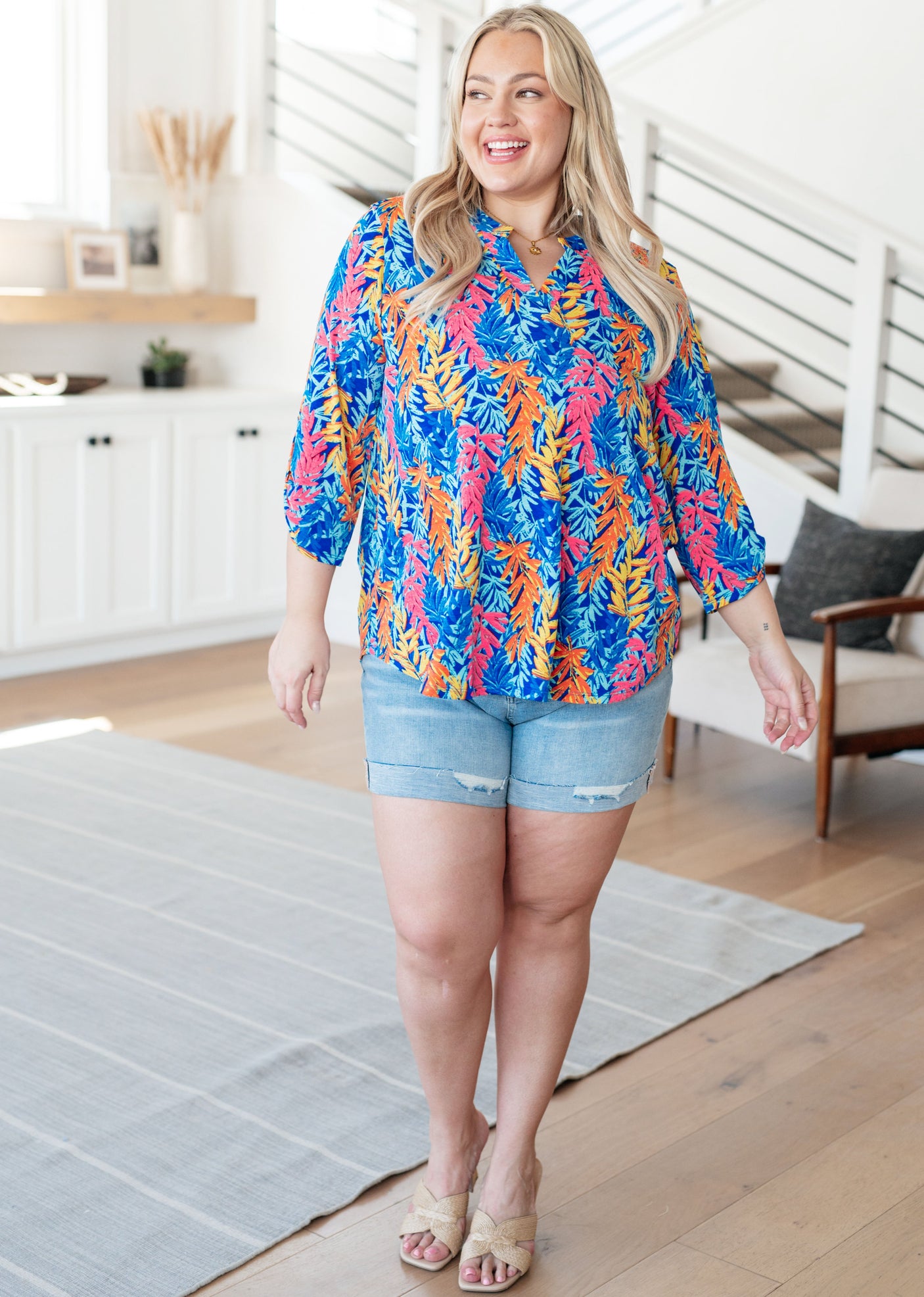 Lizzy Top in Blue and Pink Branches - Liarian Unlimited Boutique