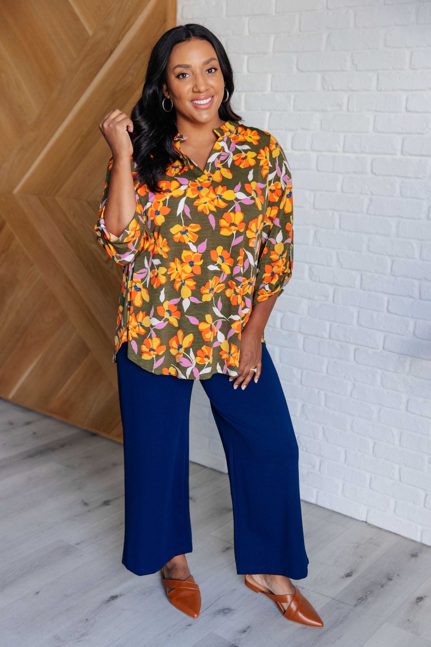 Lizzy Top en estampado floral oliva y mostaza