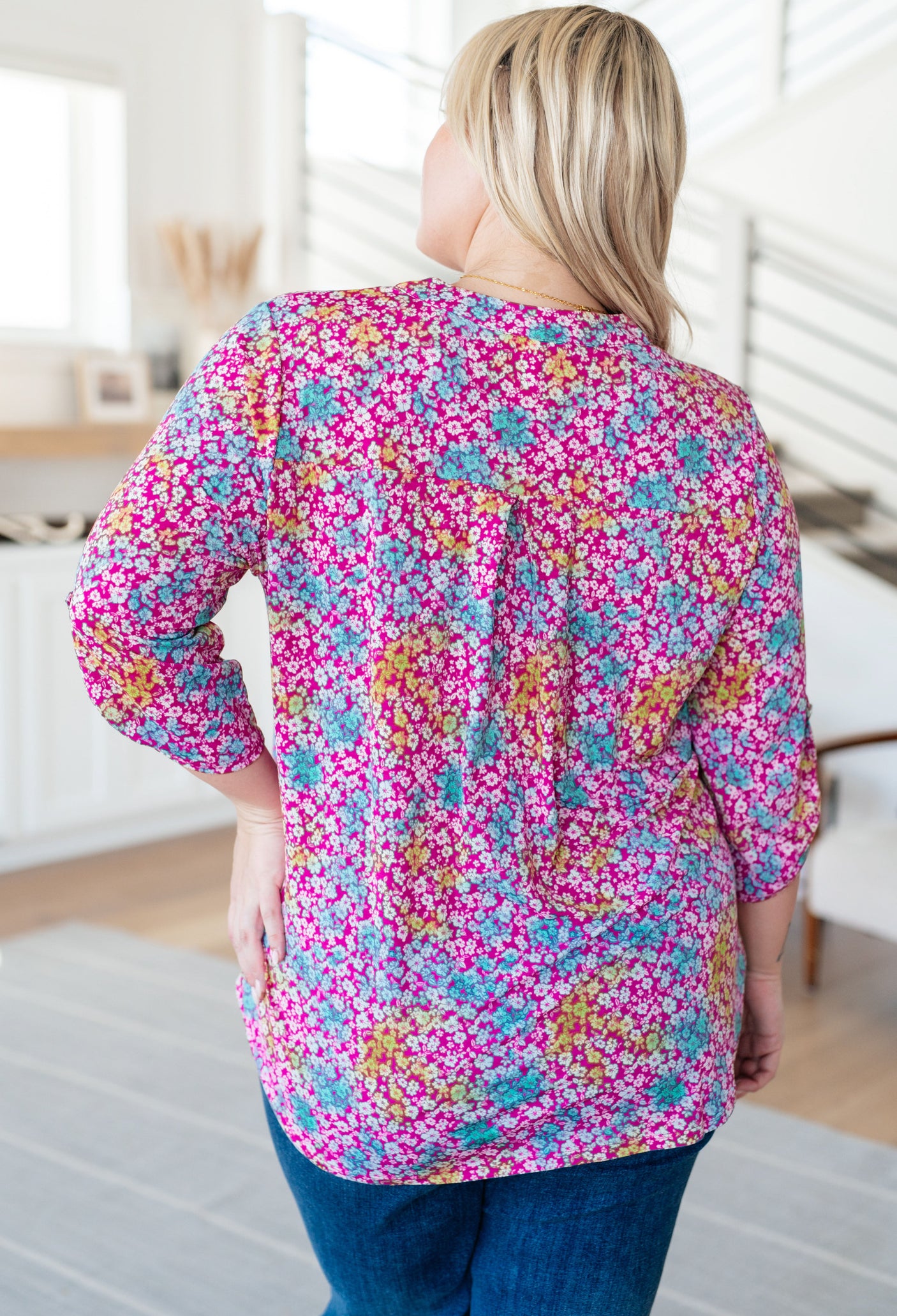 Lizzy Top en rosa y aguamarina con estampado floral