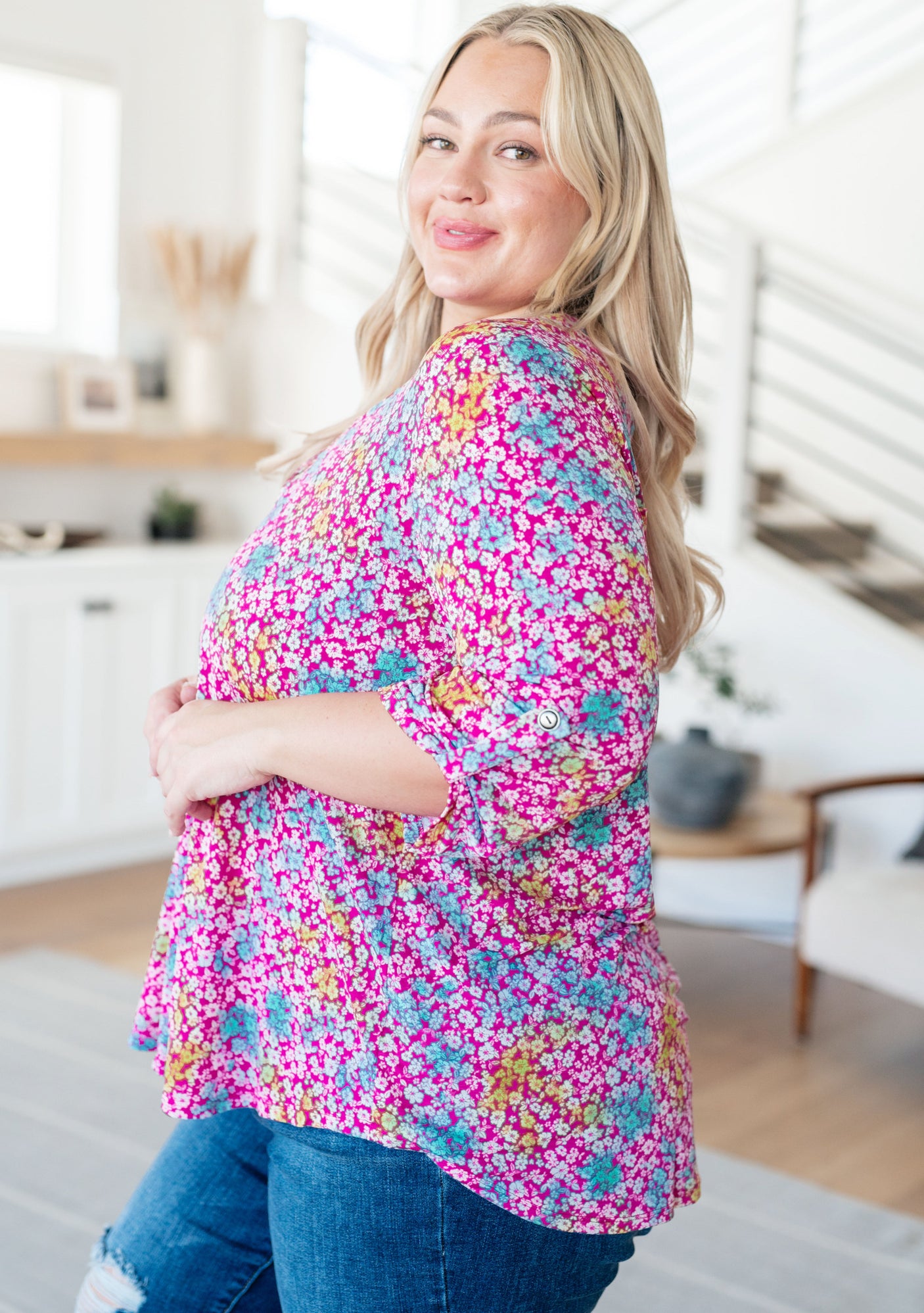 Lizzy Top en rosa y aguamarina con estampado floral