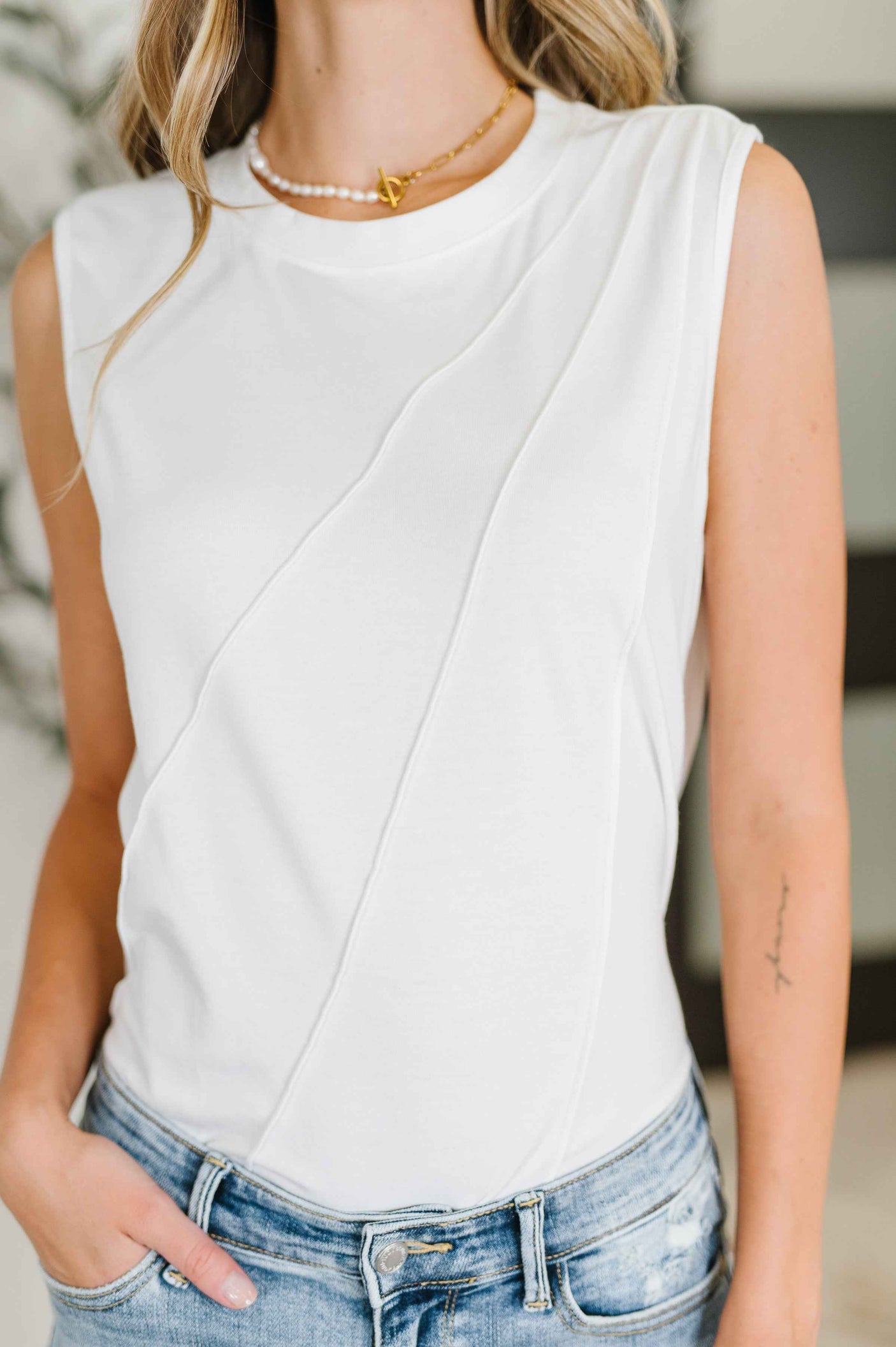New Normal Pleat Detail Sleeveless Top in White