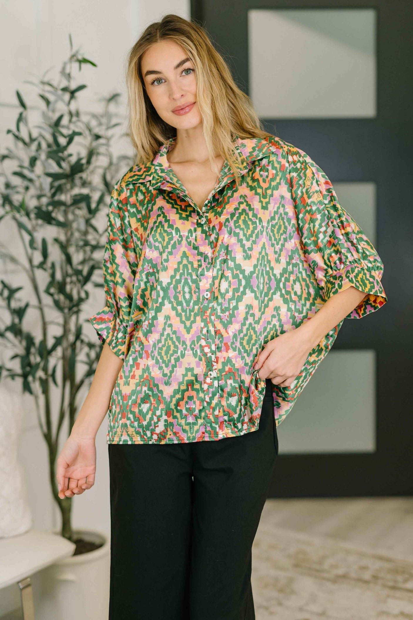 Optical Illusion Button Up Blouse