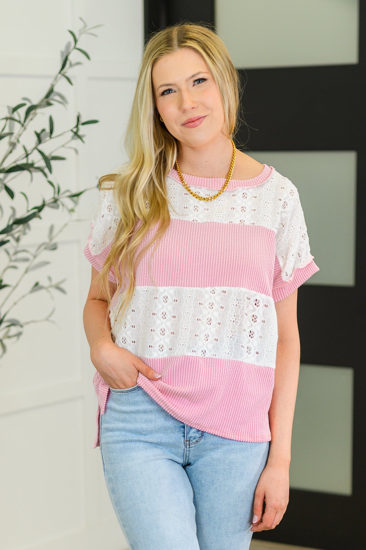 Top de punto con bloques de color Parlour Picnic en rosa