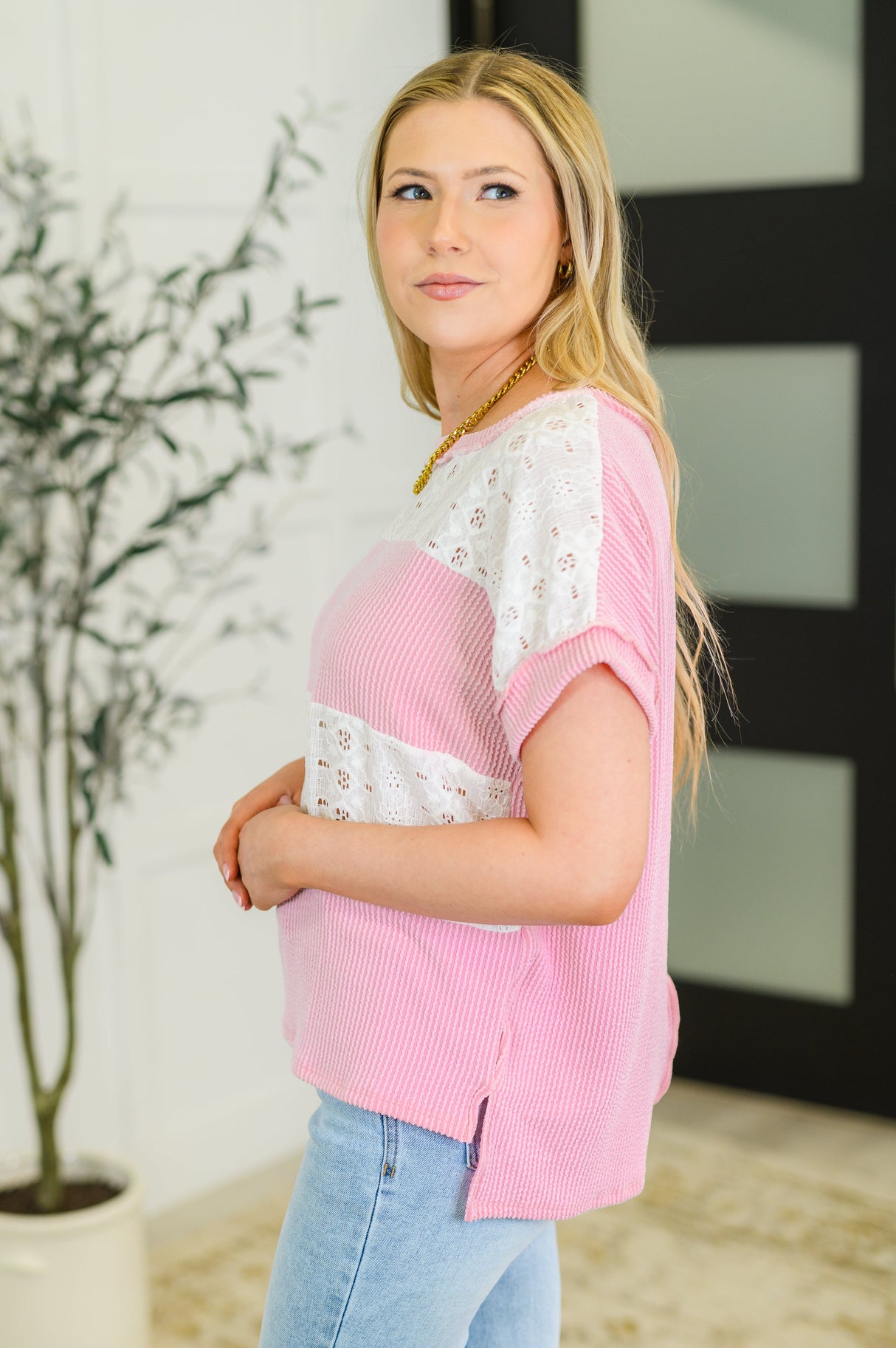 Top de punto con bloques de color Parlour Picnic en rosa