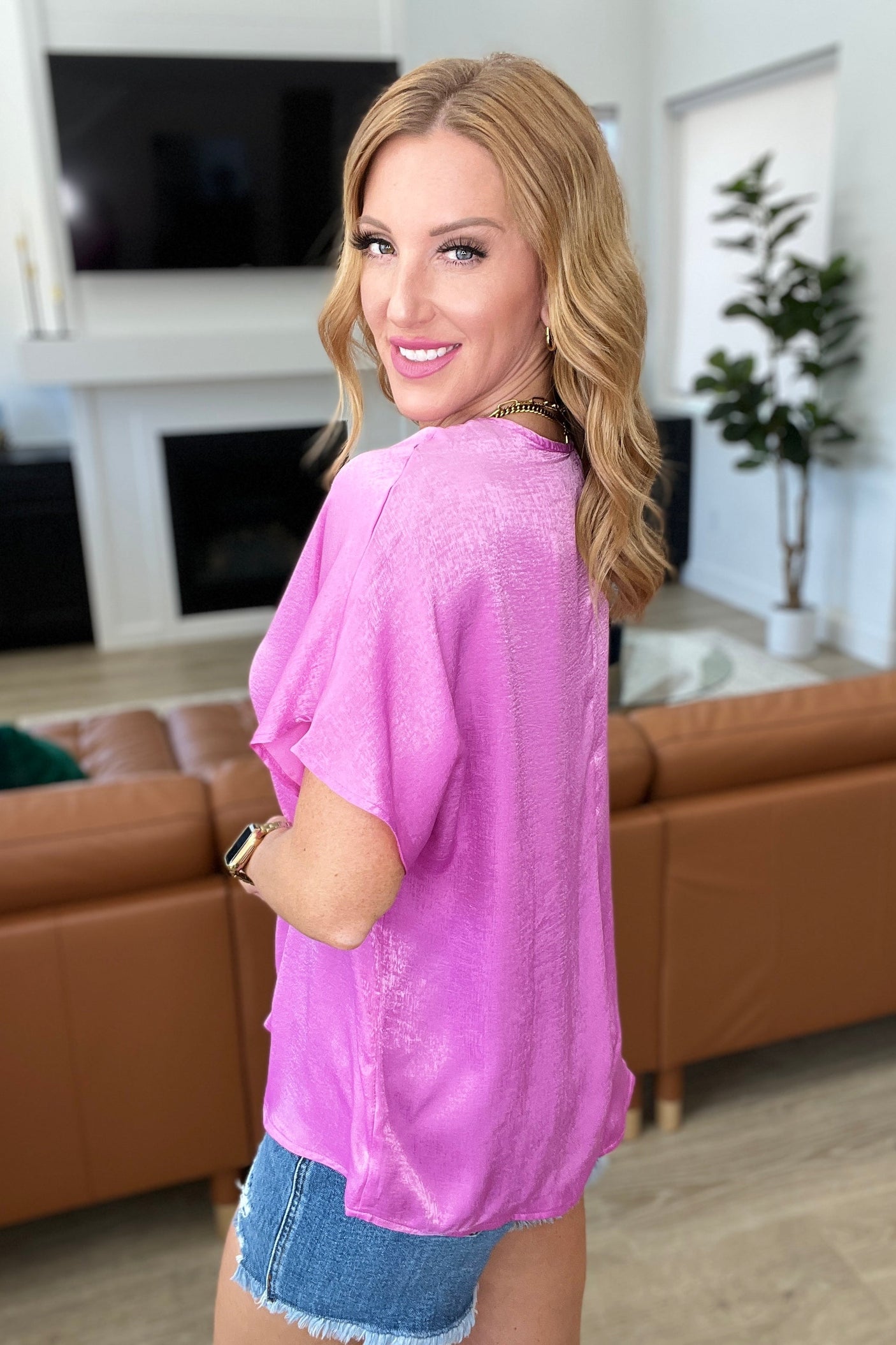 Pleat Front V-Neck Top in Spring Orchid - Liarian Unlimited Boutique