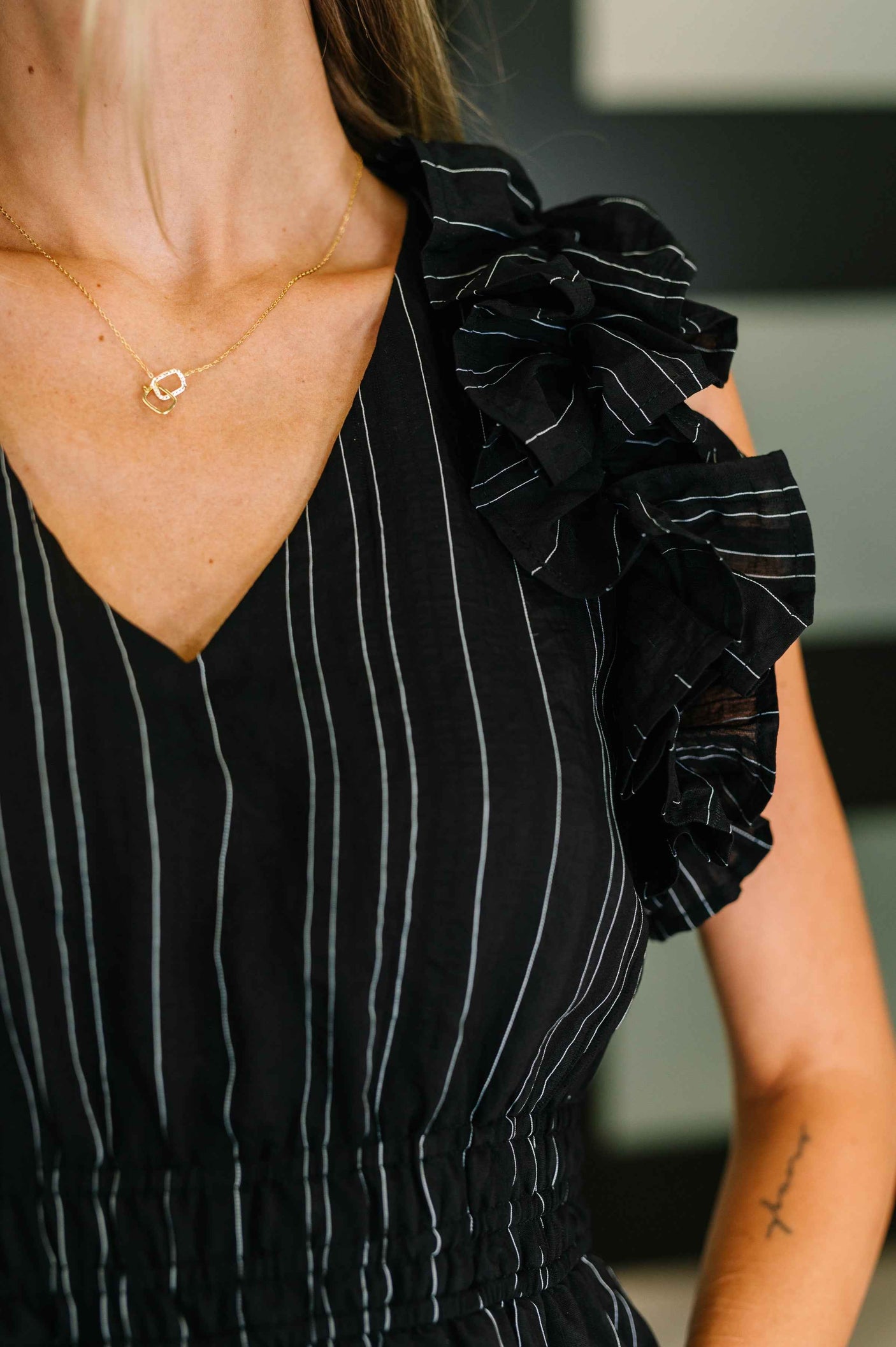 Pinstripe Romance V-Neck Ruffle Sleeve Dress in Black