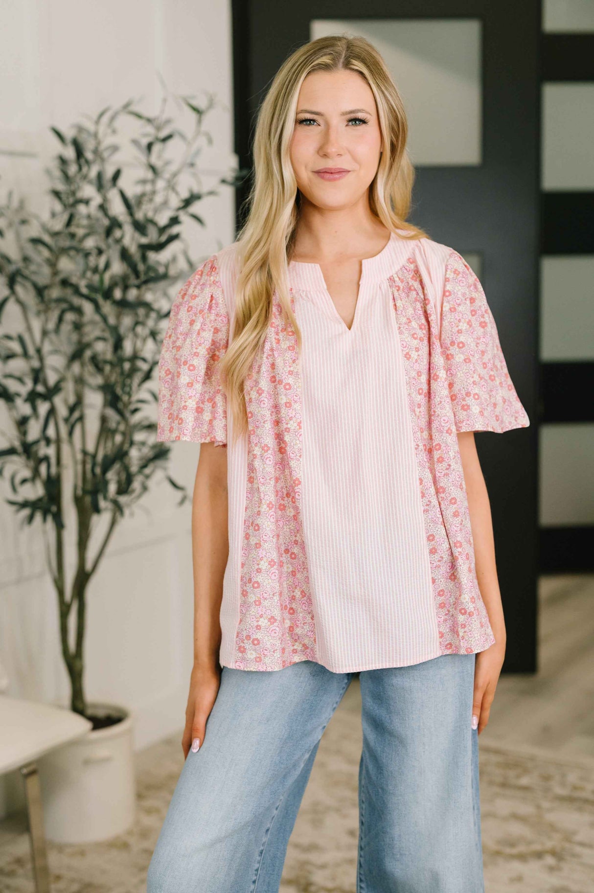 Pretty Prime Bell Sleeve Color Block Blouse