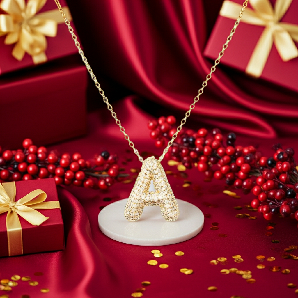 18k Gold Plated Cz Pave Bubble Letter Necklace