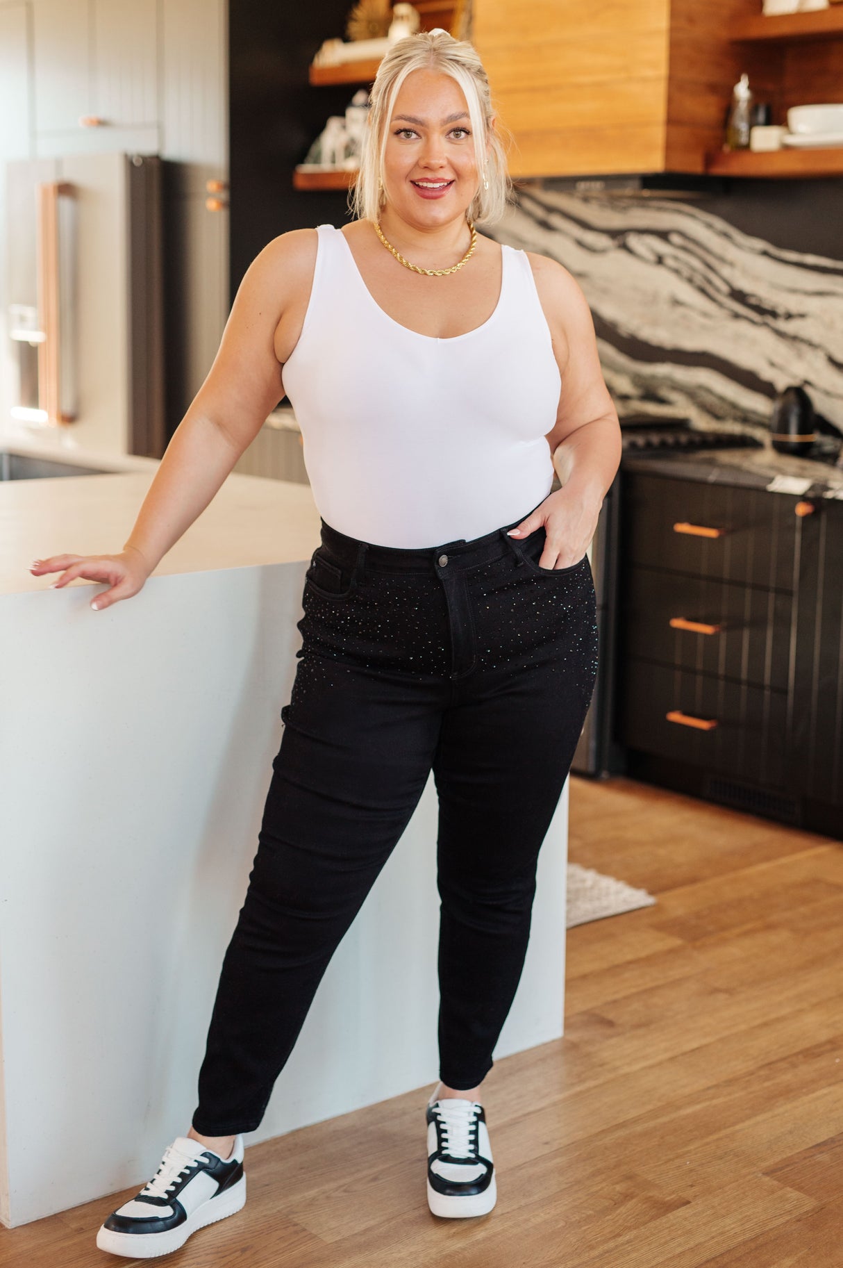 Reese Rhinestone Slim Fit Jeans in Black - Liarian Unlimited Boutique