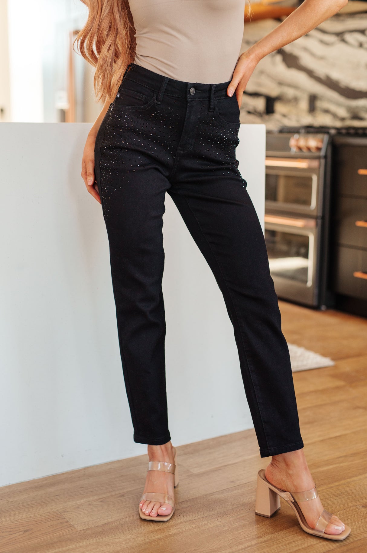 Reese Rhinestone Slim Fit Jeans in Black - Liarian Unlimited Boutique