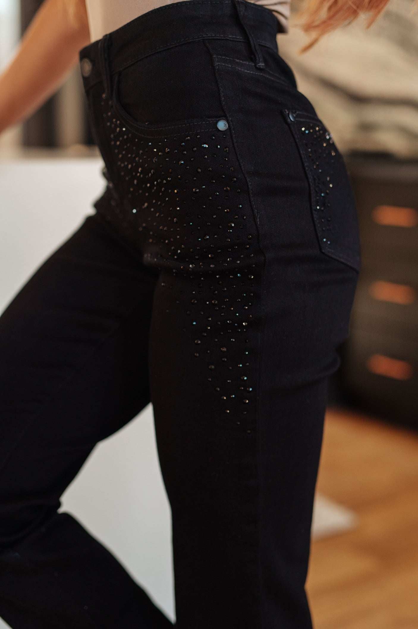 Reese Rhinestone Slim Fit Jeans in Black - Liarian Unlimited Boutique