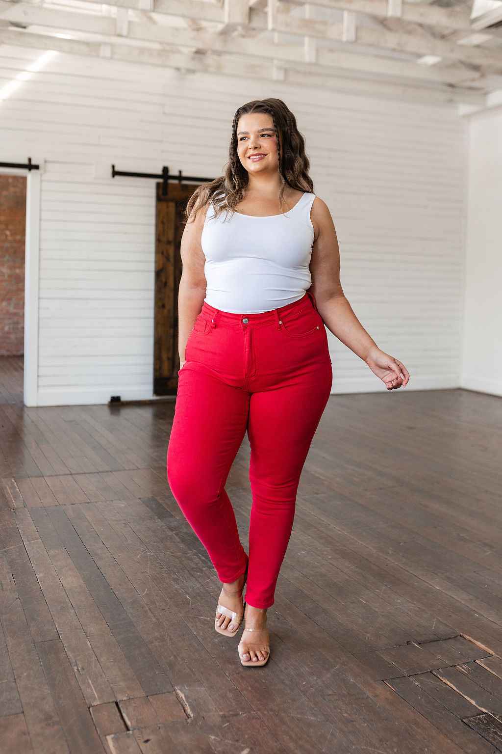 Ruby High Rise Control Top Garment Dyed Skinny Jeans in Red - Liarian Unlimited Boutique