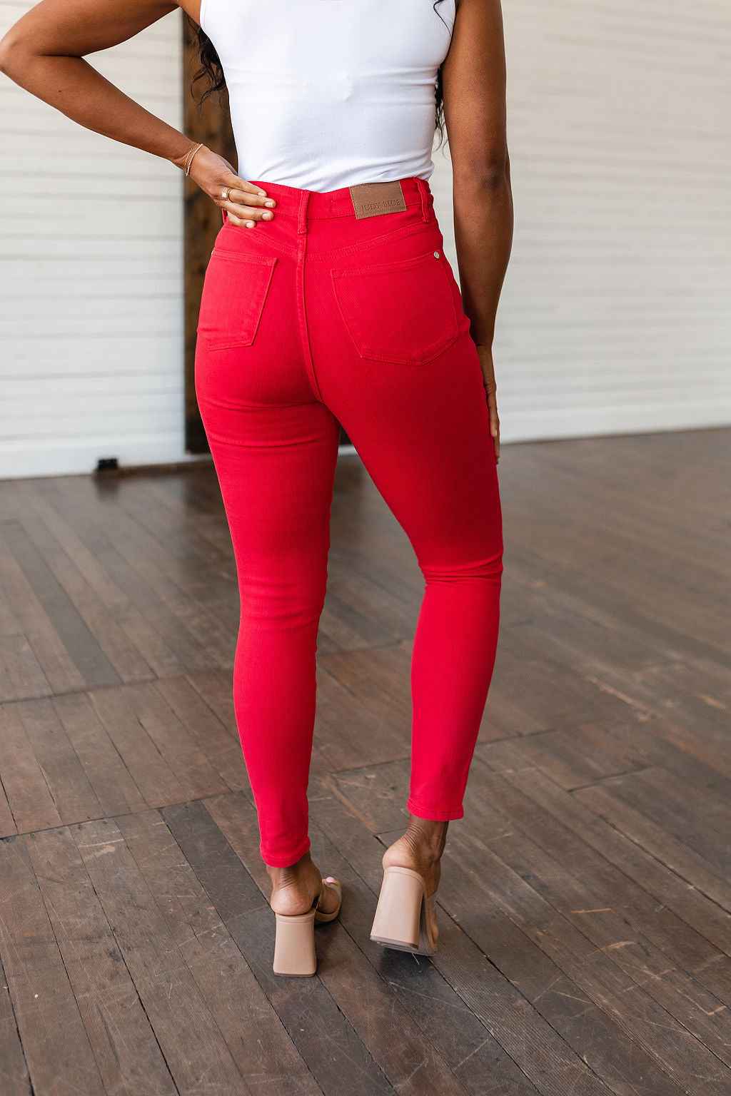 Ruby High Rise Control Top Garment Dyed Skinny Jeans in Red - Liarian Unlimited Boutique
