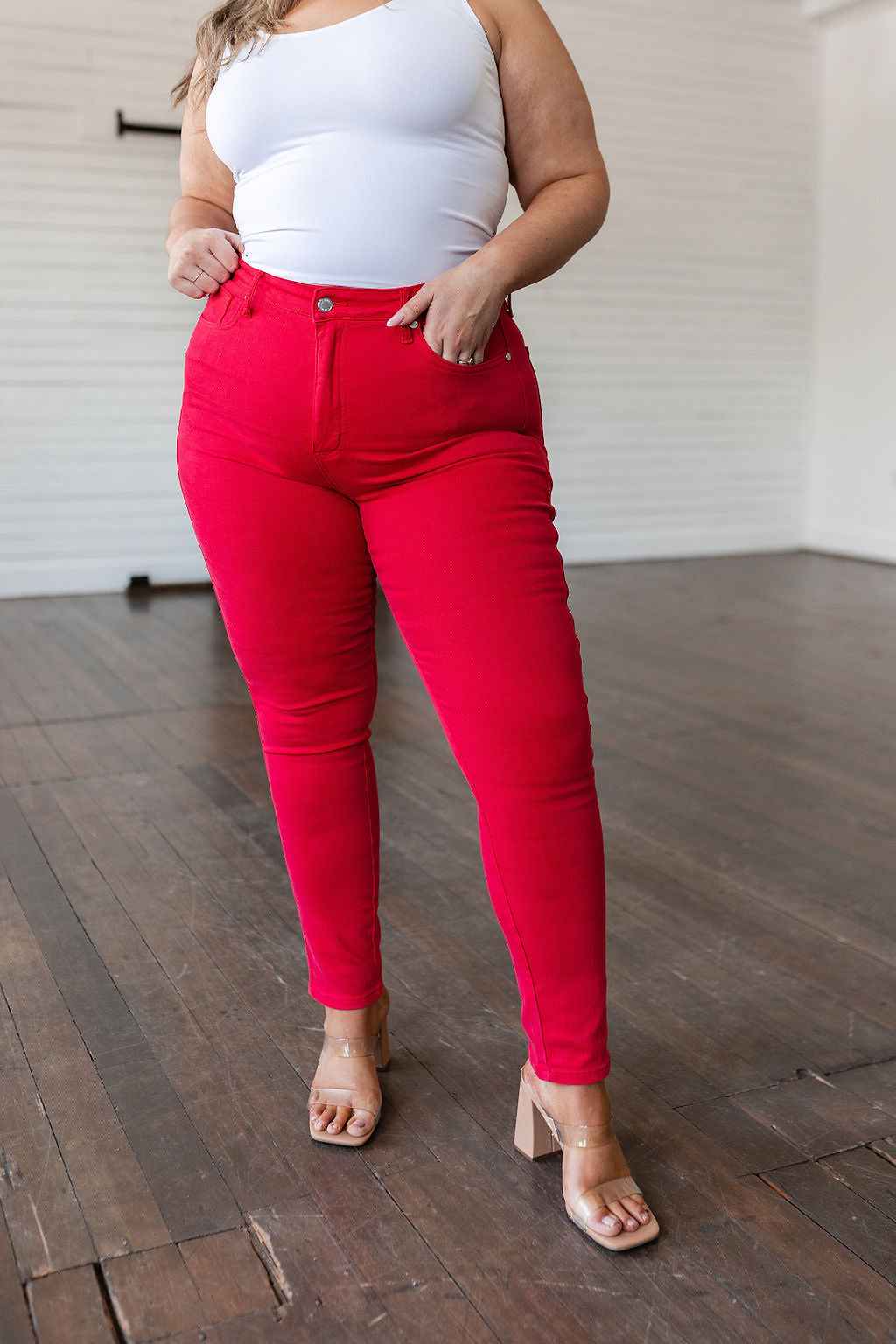 Ruby High Rise Control Top Garment Dyed Skinny Jeans in Red - Liarian Unlimited Boutique