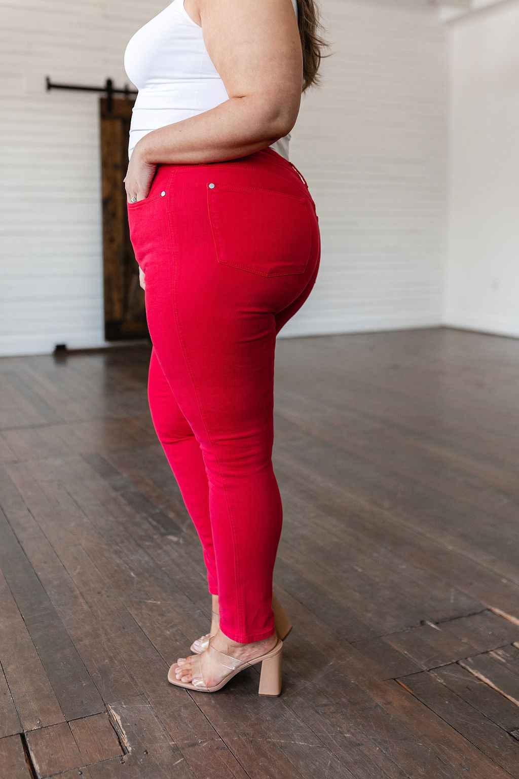 Ruby High Rise Control Top Garment Dyed Skinny Jeans in Red - Liarian Unlimited Boutique