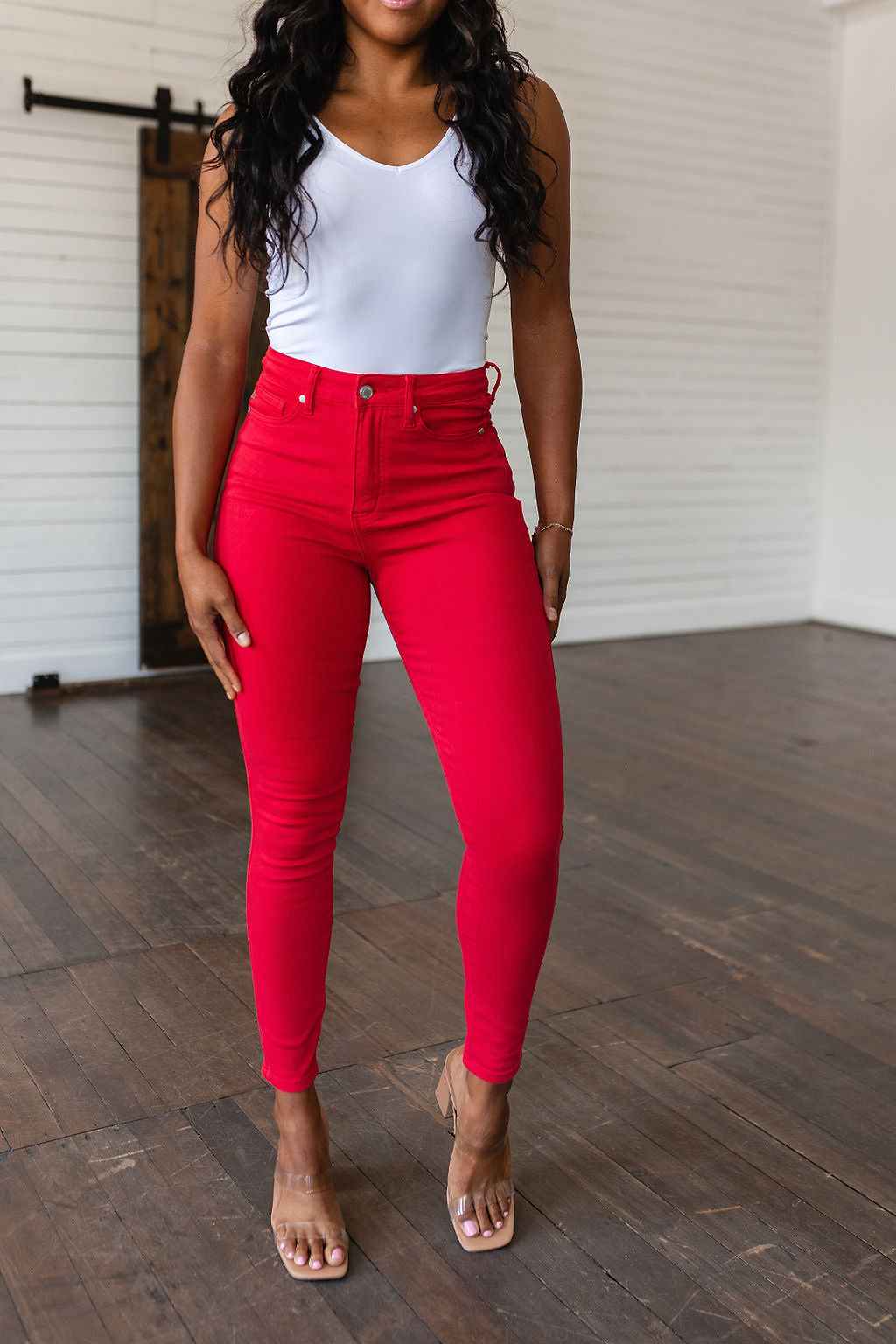 Ruby High Rise Control Top Garment Dyed Skinny Jeans in Red - Liarian Unlimited Boutique