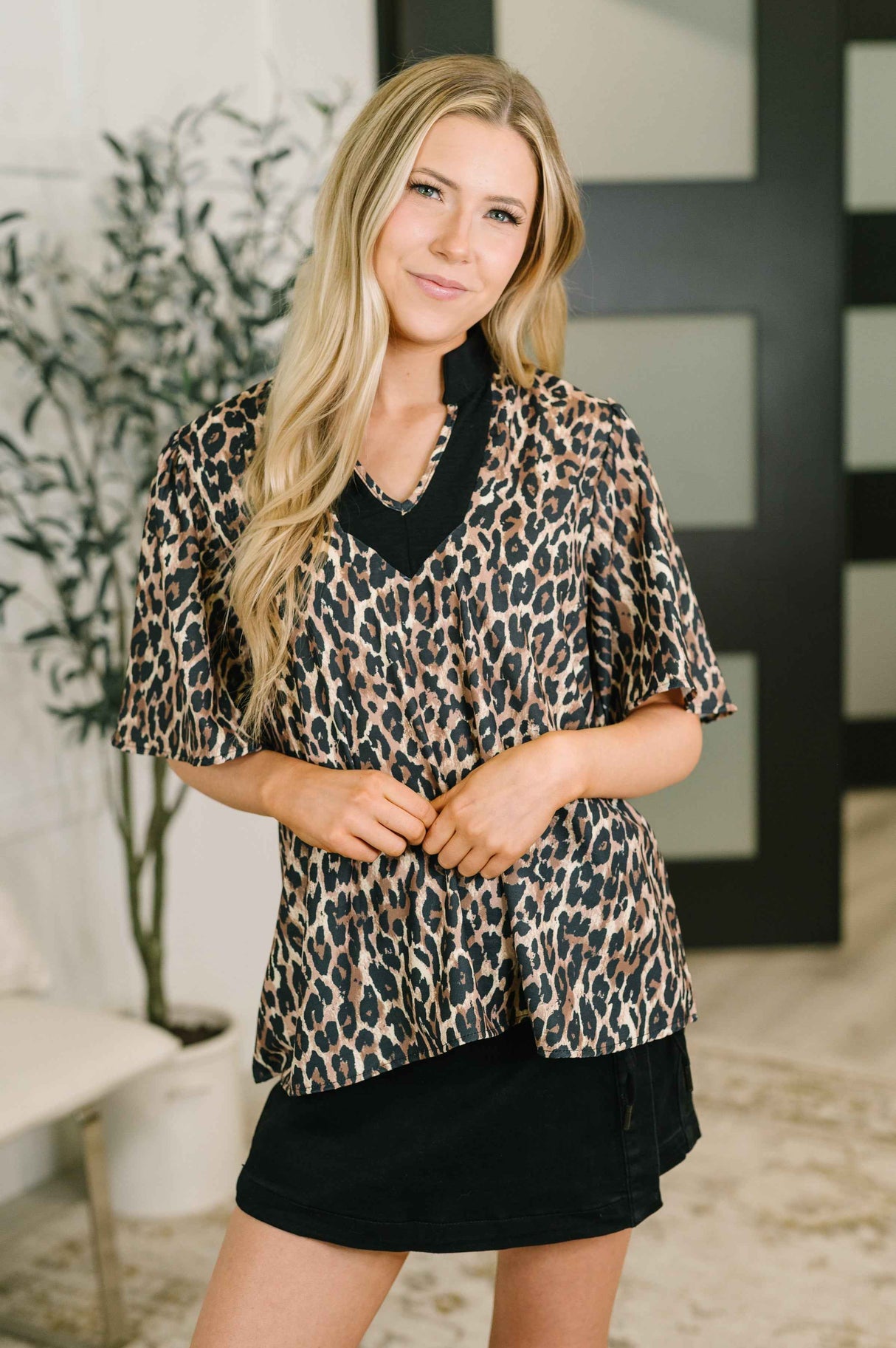 Sassy Season Split Neck Leopard Print Blouse