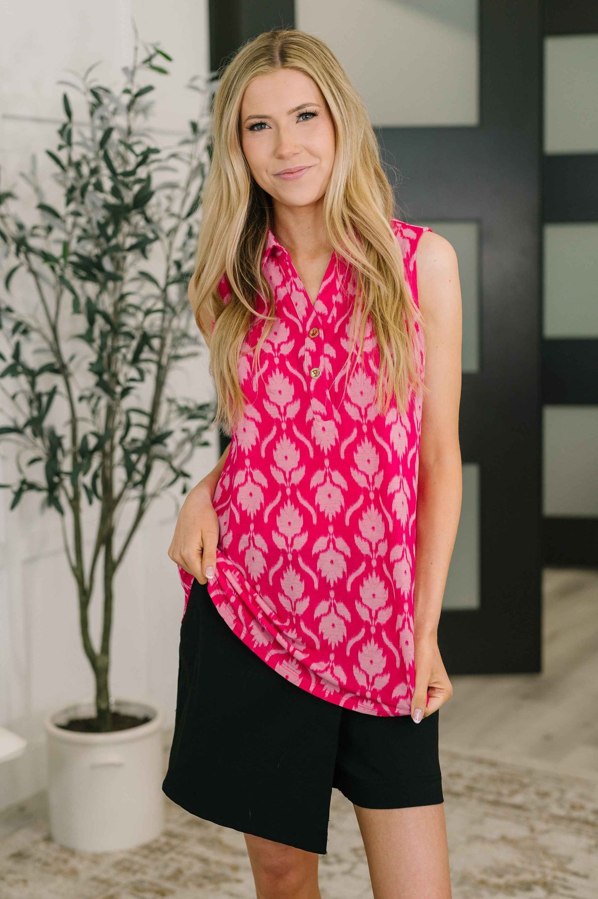 Sea Spray Collared Sleeveless Top in Floral Ikat