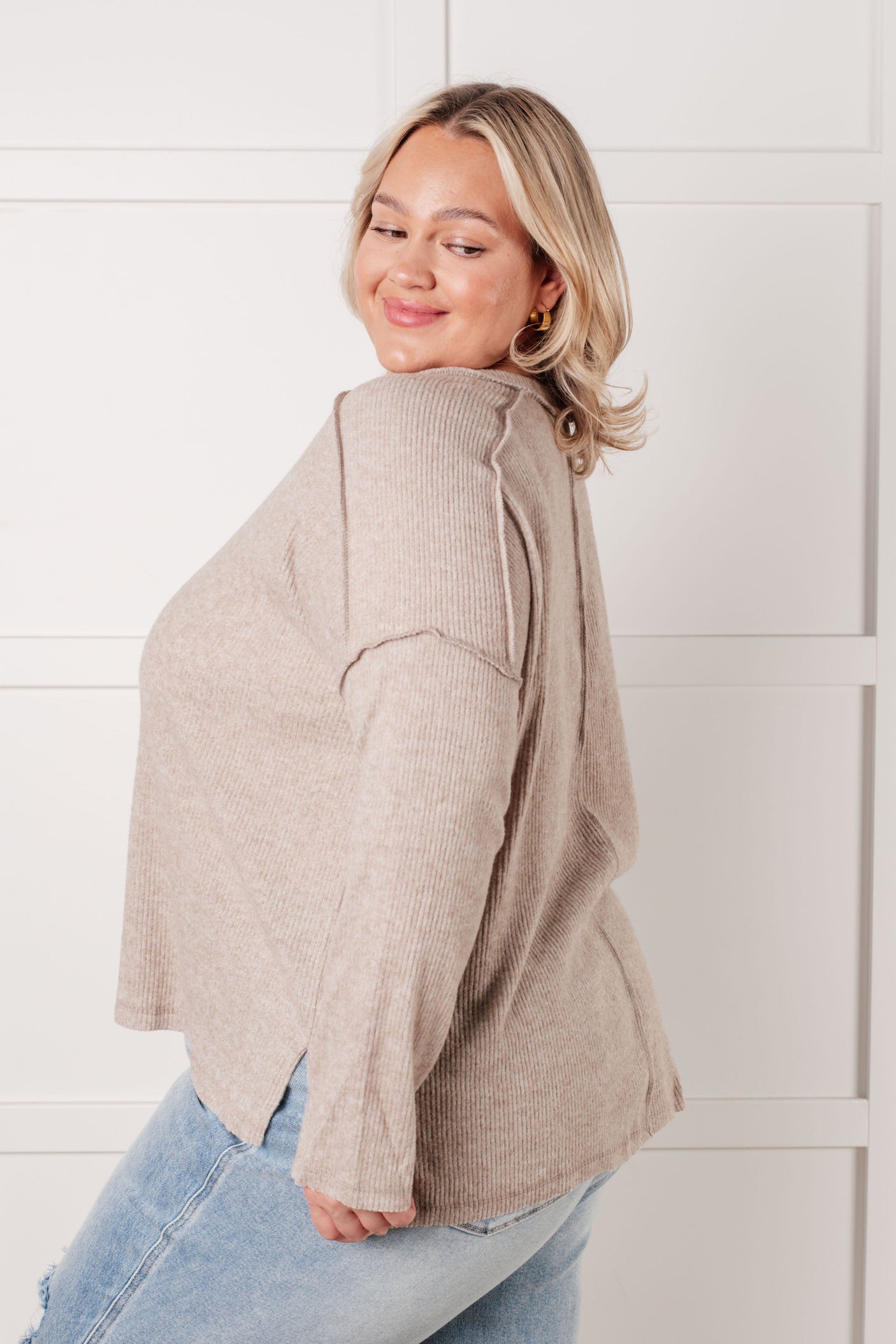 Simply Basic Ribbed Hacci Sweater in H Mocha - Liarian Unlimited Boutique