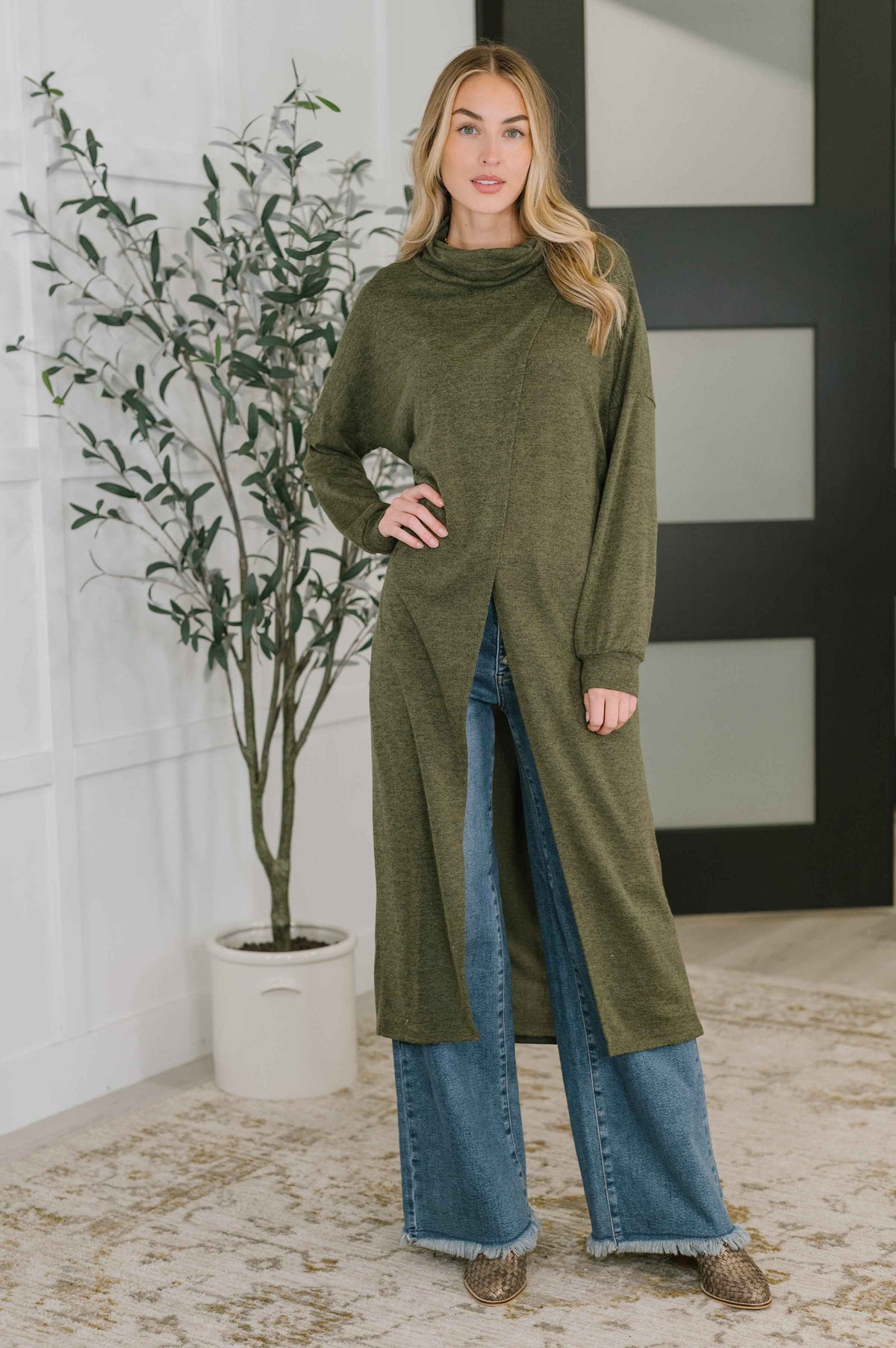 Travel City Scape Turtle Neck Tunic in Olive