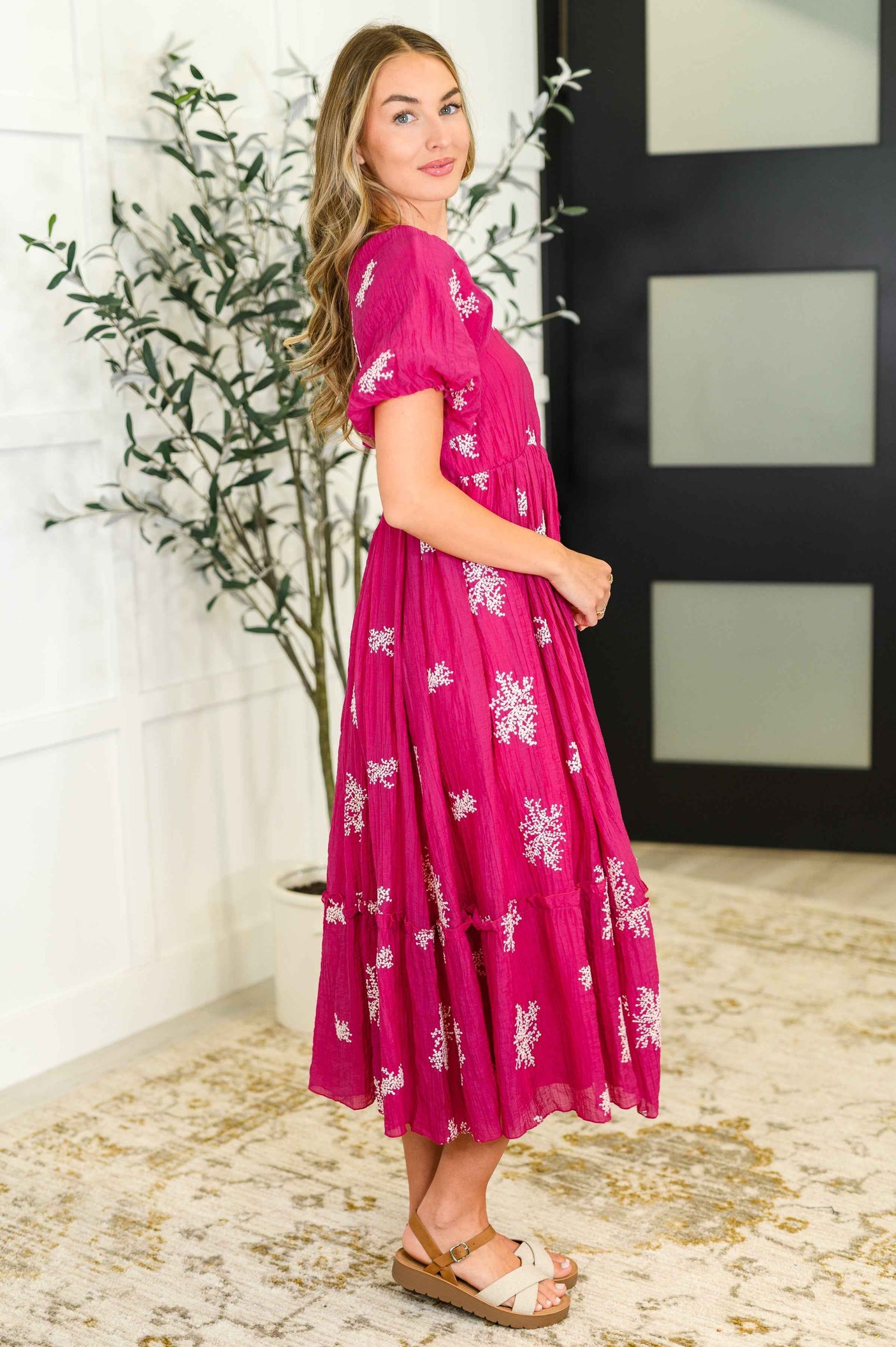 Twirl in Bloom Square Neck Dress in Hot Pink