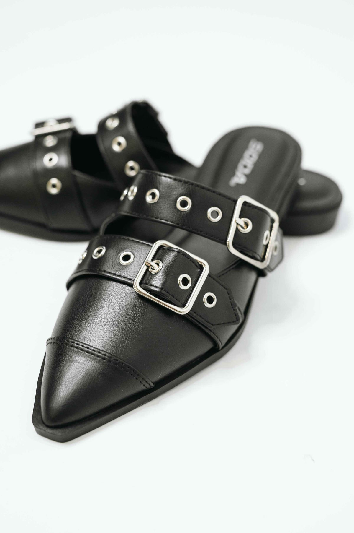 Usual Pointy Toe Double Buckle Flat in Black