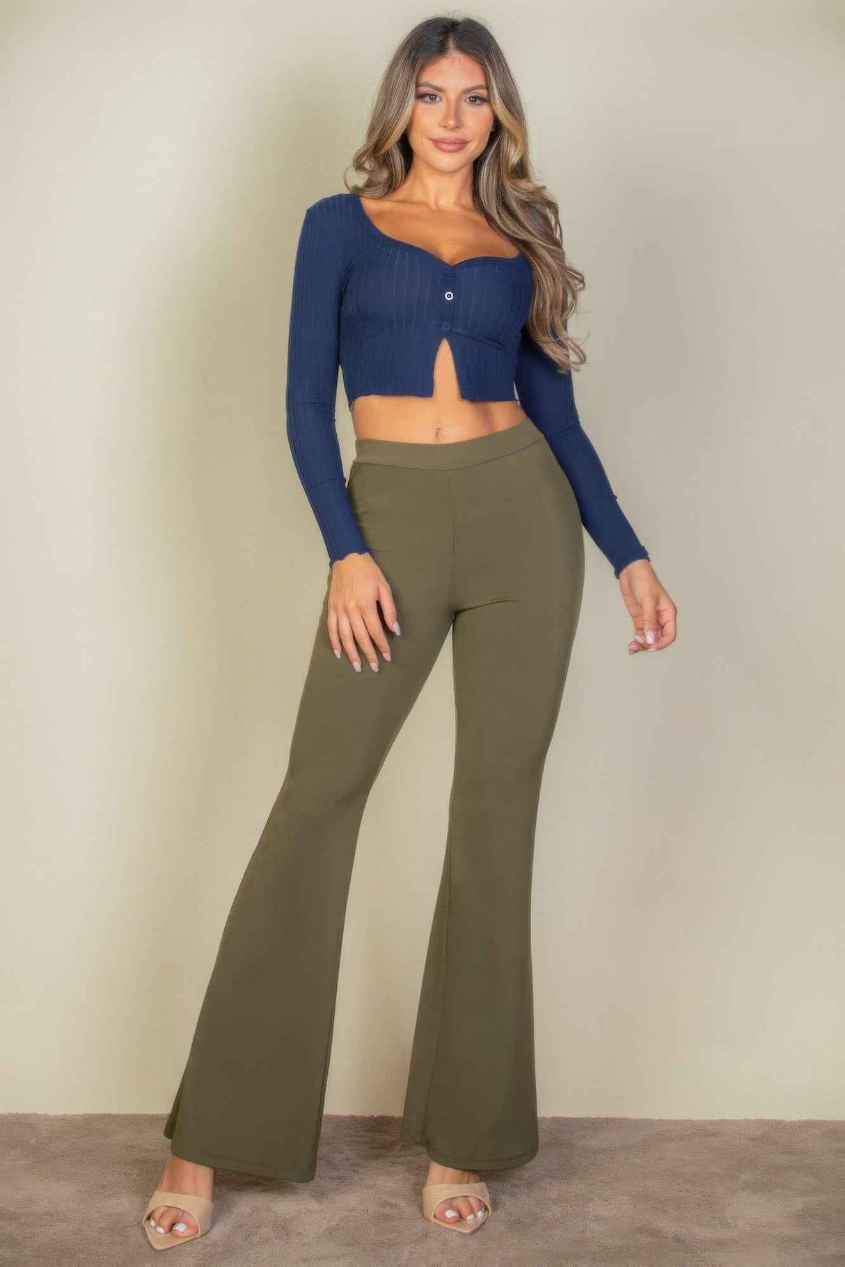 Ribbed Button Front Split Long Sleeve Top
