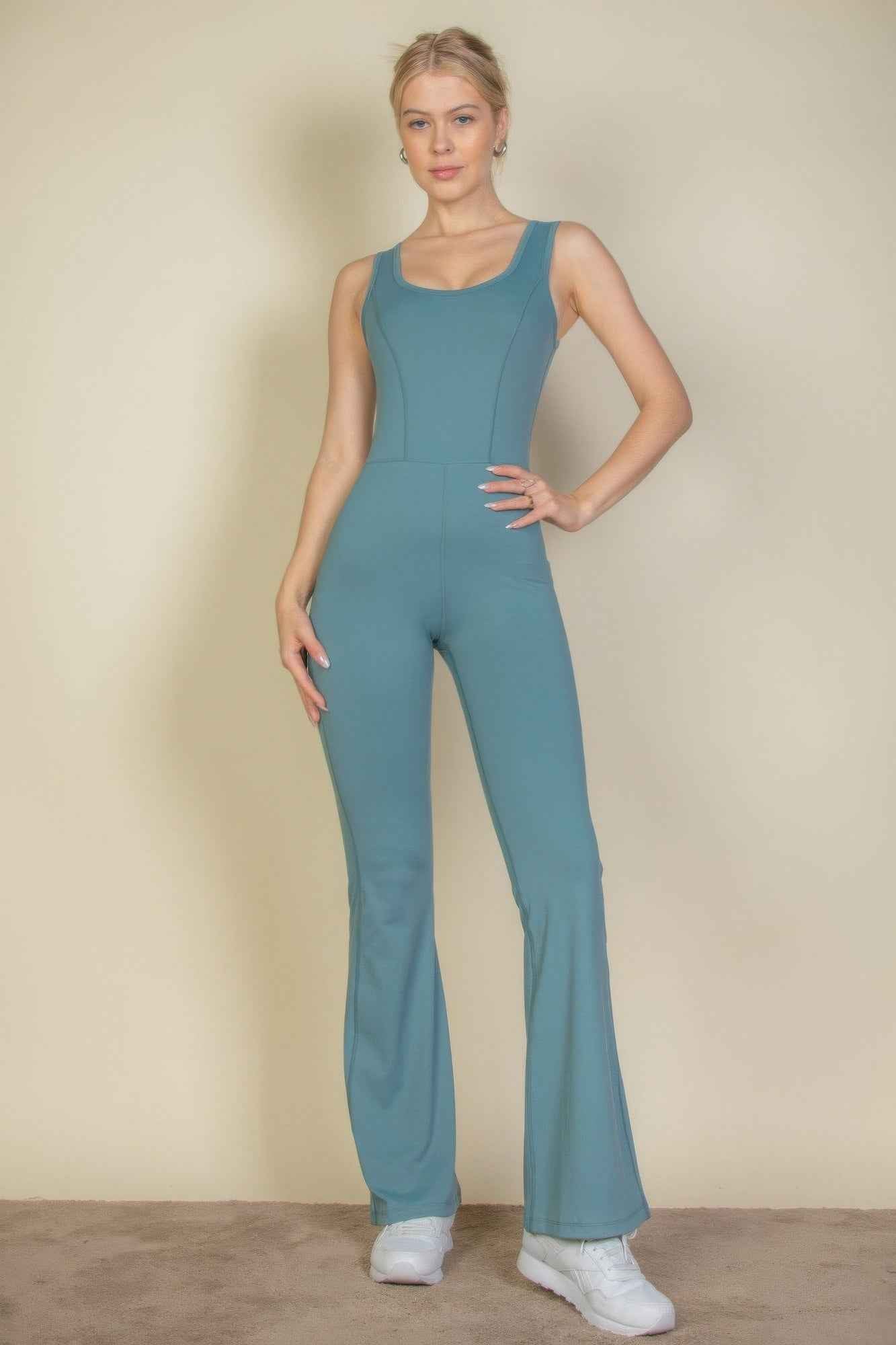 Solid Flare Leg Sports Jumpsuit