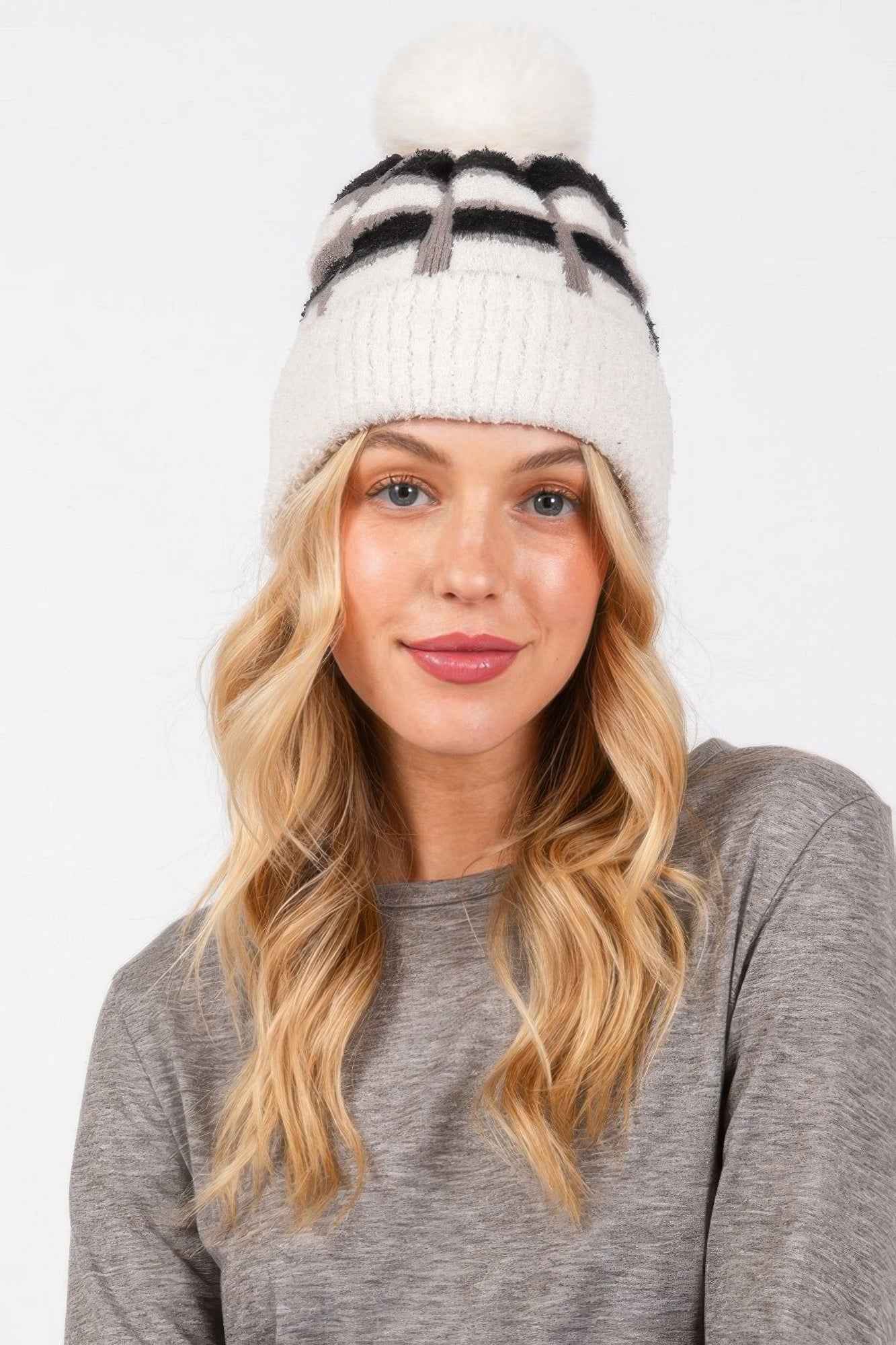 Cozy Color Blocked Pom Pom Beanie