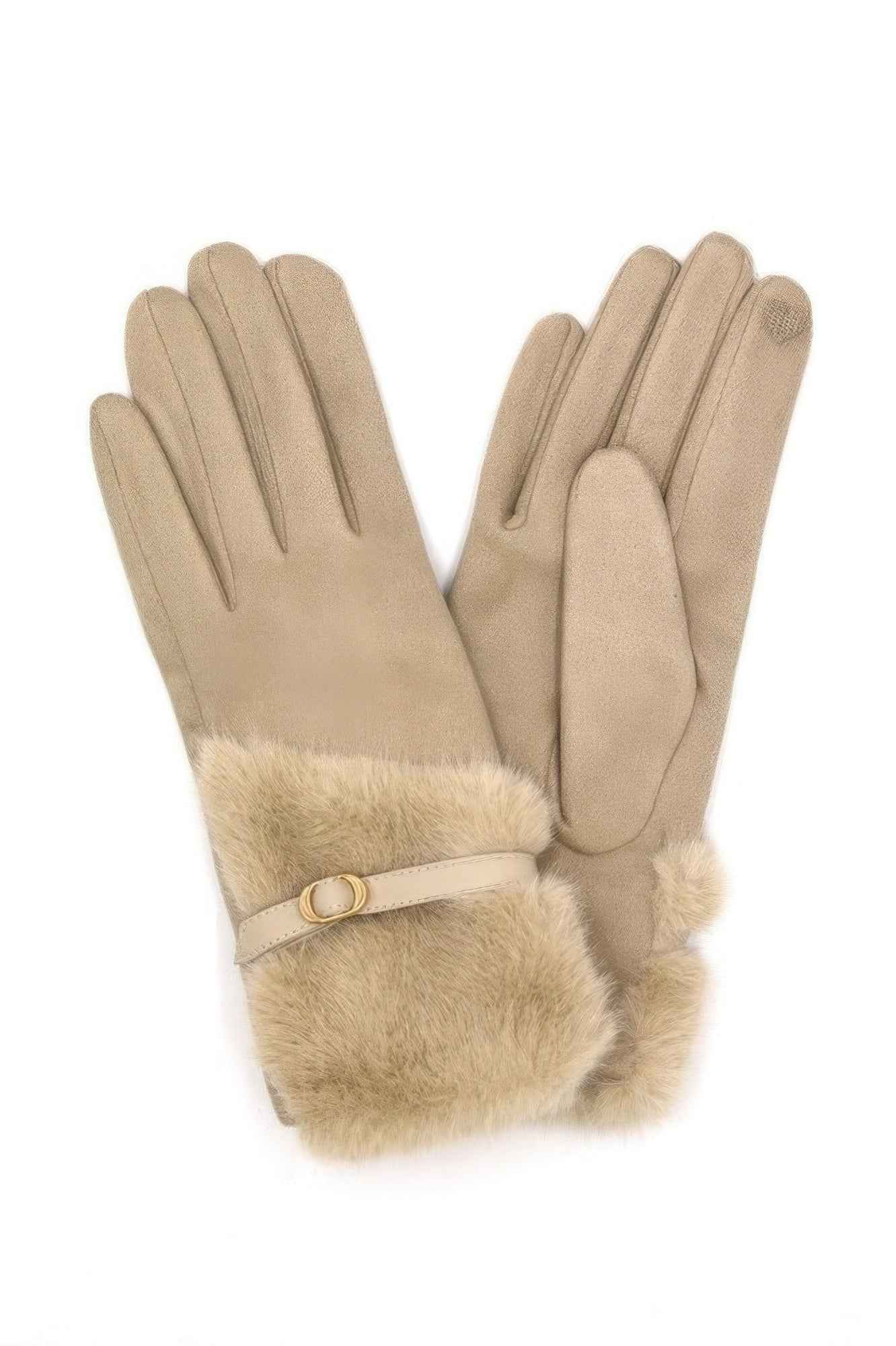 Faux Fur And Strap Cuff Smart Touch Gloves.