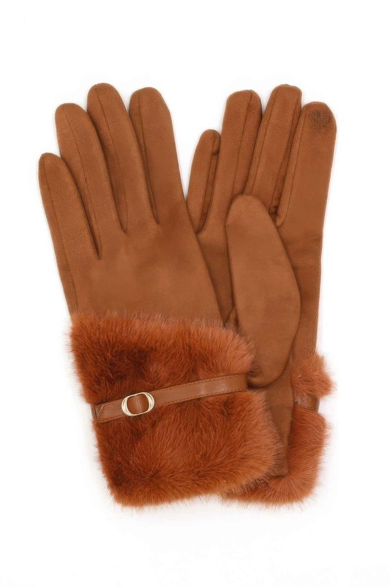 Faux Fur And Strap Cuff Smart Touch Gloves.