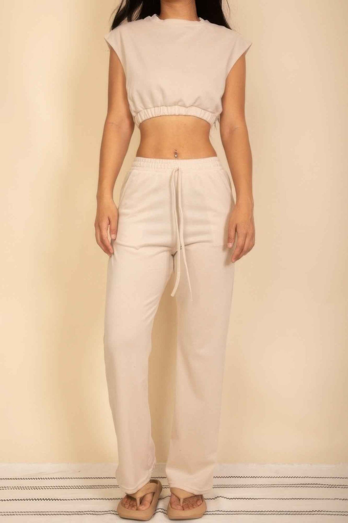 Elastic Hem Crop Top & Wide Leg Pants Set With Faux Drawstring