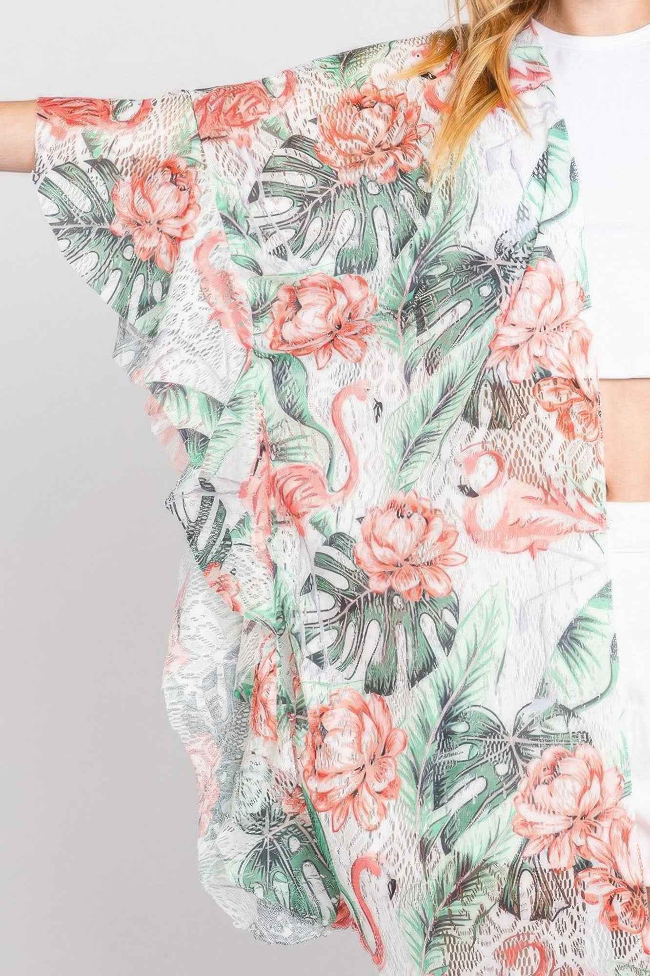 Ruffle Lined Tropical Flamingo Print Open Front
