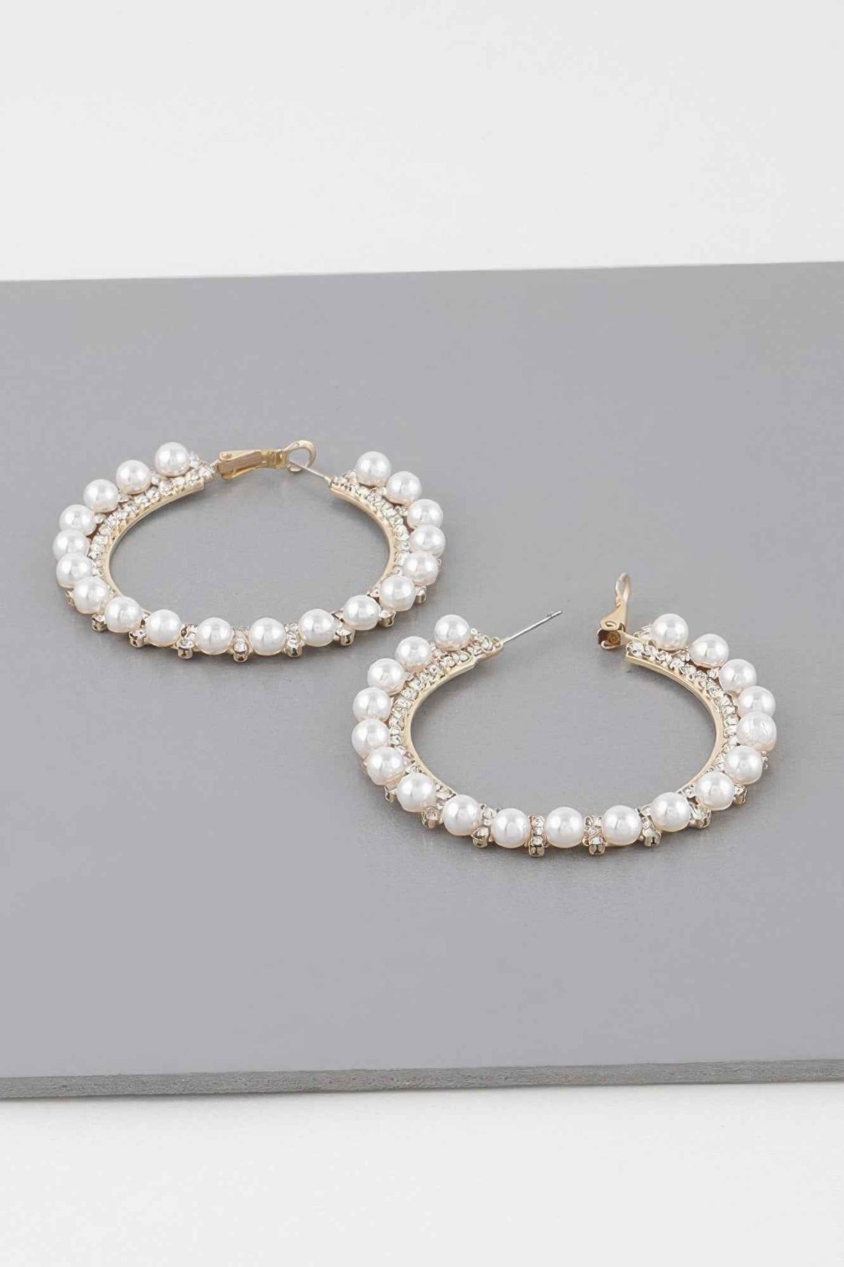 Pearl Lined Rhinestone Hoop Earrings